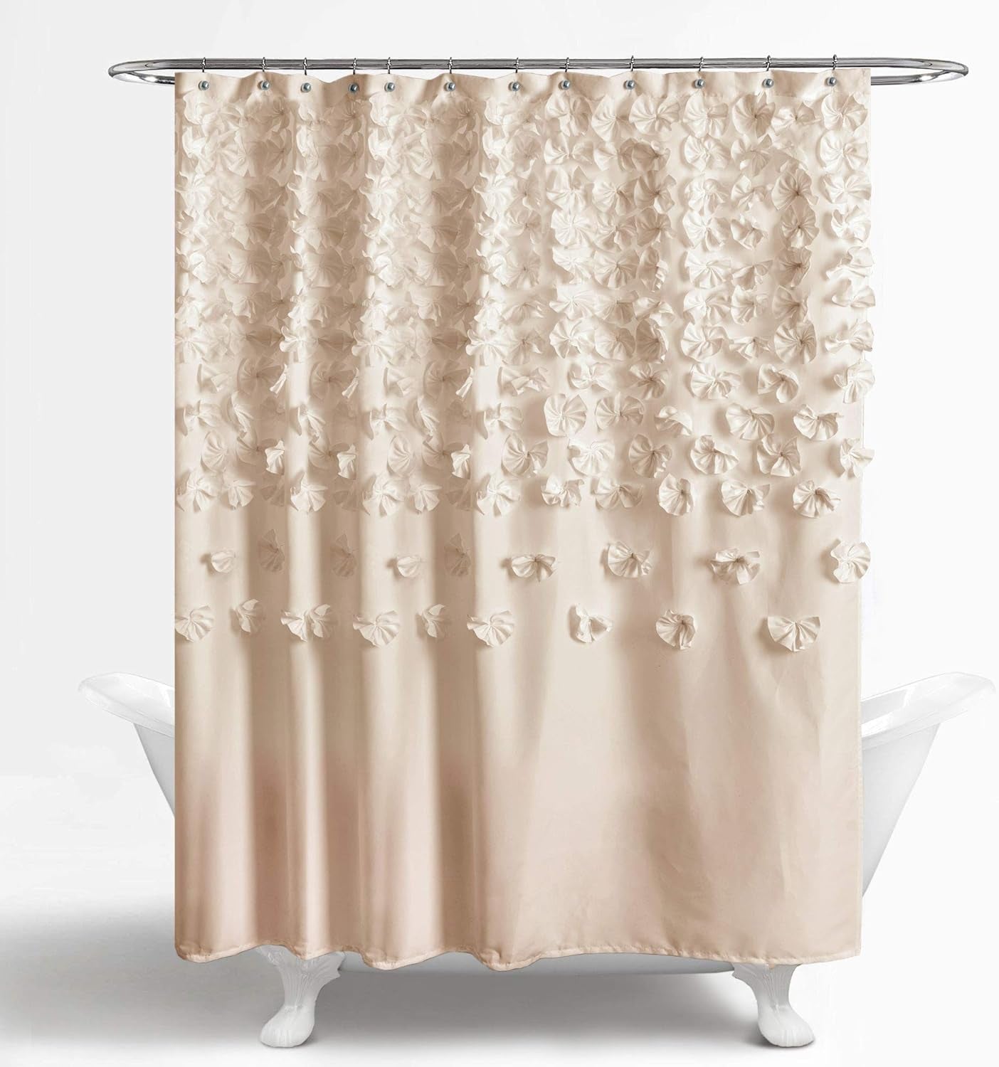 Lush Decor Lucia Shower Curtain - Fabric, Ruched, Floral, Textured Vintage Chic, Farmhouse Style Design, 72” X 72”, Ivory