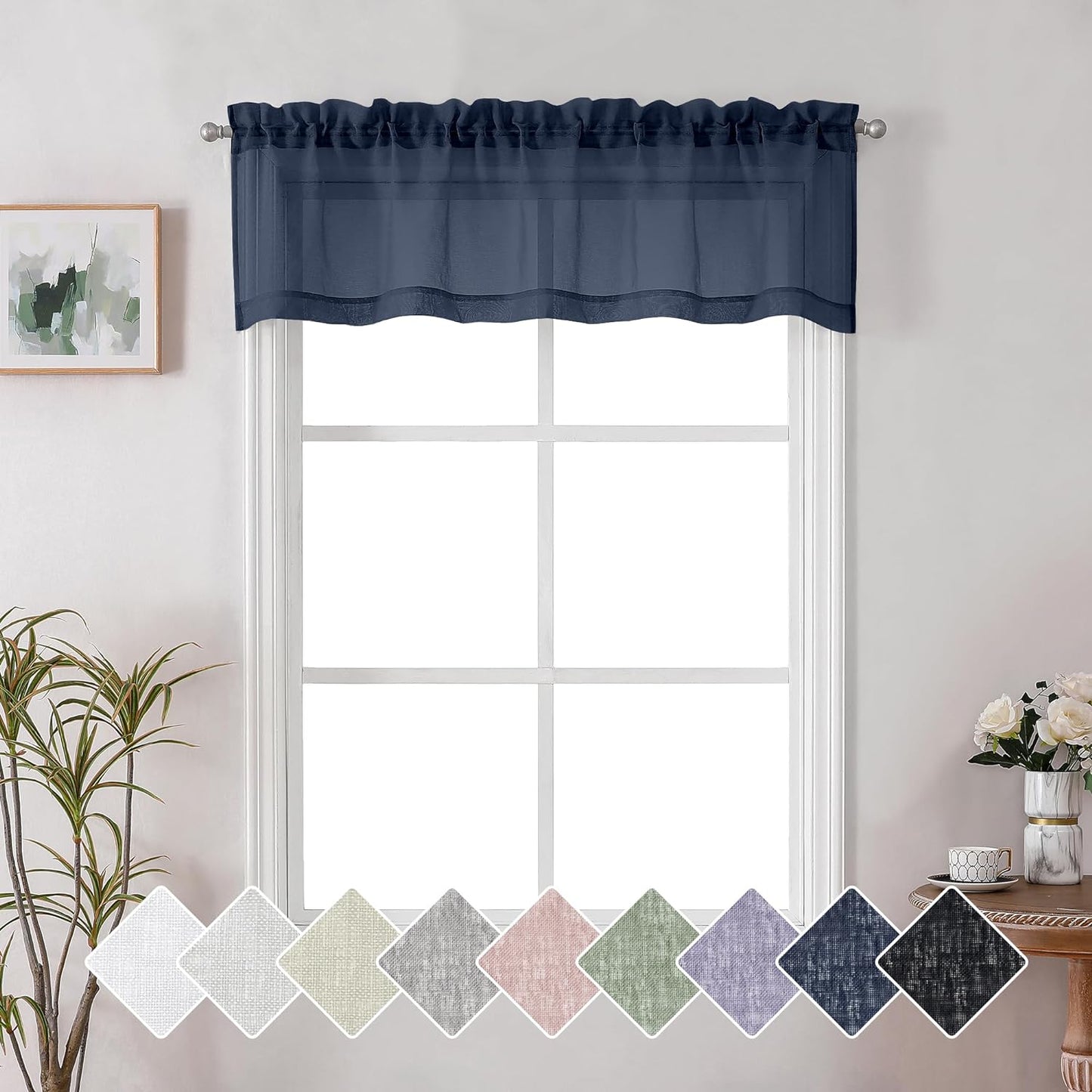 Lecloud Doris Faux Linen Sheer Grey Valance Curtains 14 Inches Length, Cafe Kitchen Bedroom Living Room Gauzy Silver Grey Curtain for Small Window, Slub Light Gray Valance Dual Rod Pockets 60X14 Inch  Lecloud Navy Blue 60 W X 14 L 