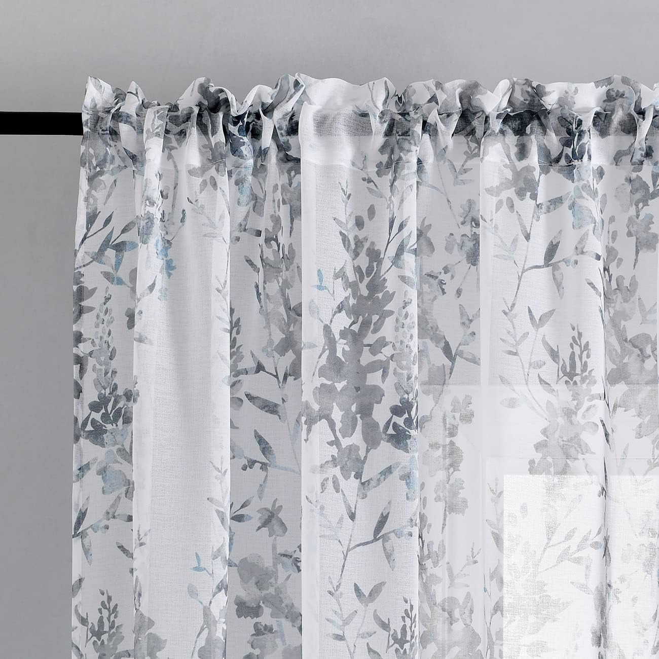 Kotile Grey White Sheer Curtains, Classic Vintage Branch Leaf Printed Sheer Curtains 63 Inch Length 2 Panels Set, Privacy Rod Pocket Sheer Window Floral Curtains, 50 X 63 Inch, Grey  Kotile Textile   