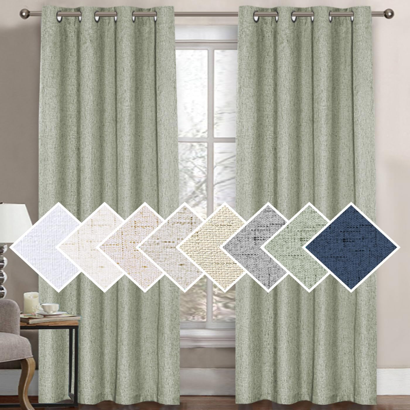 H.VERSAILTEX 100% Blackout Curtains for Bedroom Thermal Insulated Linen Textured Curtains Heat and Full Light Blocking Drapes Living Room Curtains 2 Panel Sets, 52X84 - Inch, Natural  H.VERSAILTEX Sage 1 Panel - 52"W X 96"L 