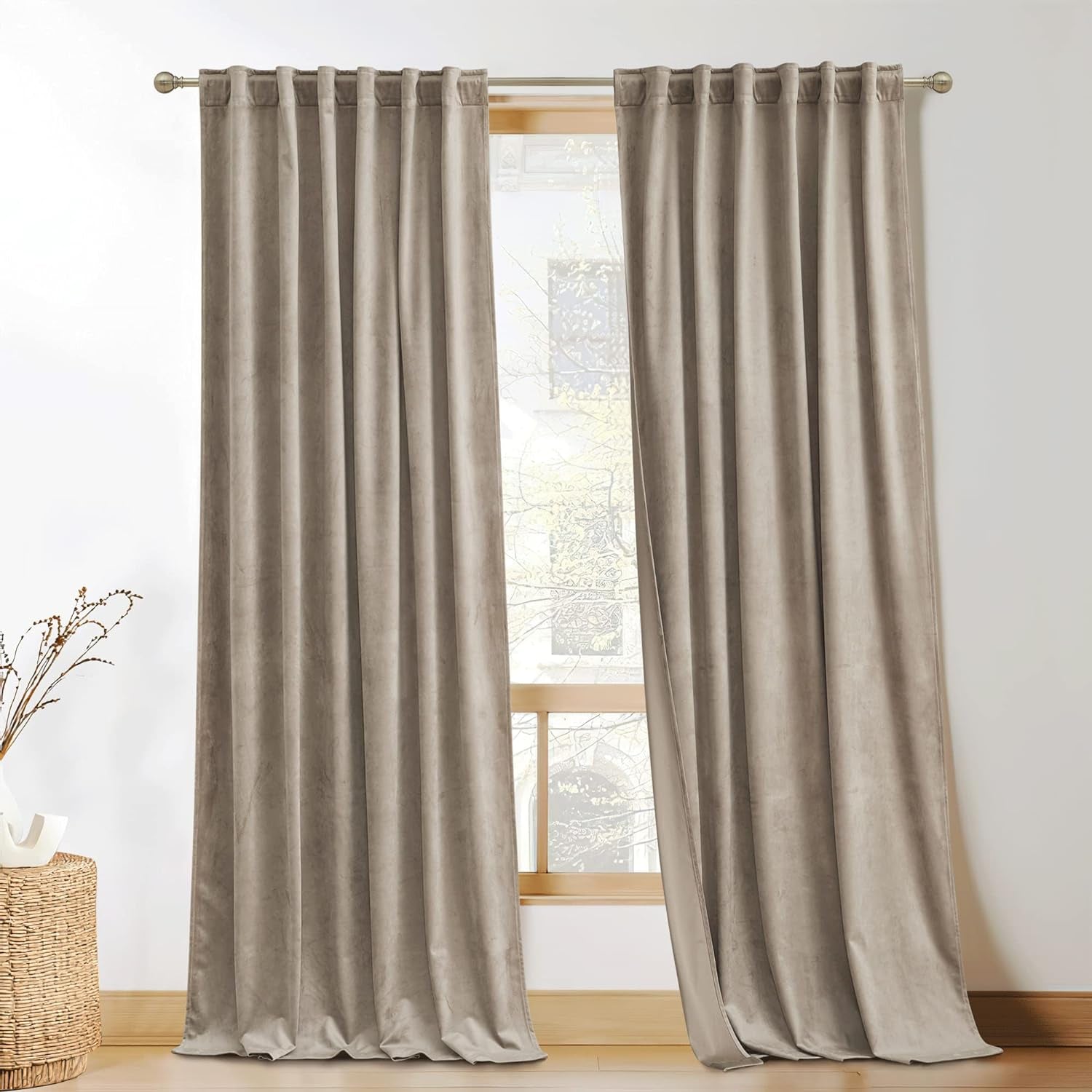 KGORGE Green Velvet Curtains 84 Inches Super Soft Room Darkening Thermal Insulating Window Curtains & Drapes for Bedroom Living Room Backdrop Holiday Christmas Decor, Hunter Green, W 52 X L 84, 2 Pcs  KGORGE Taupe W 52 X L 96 