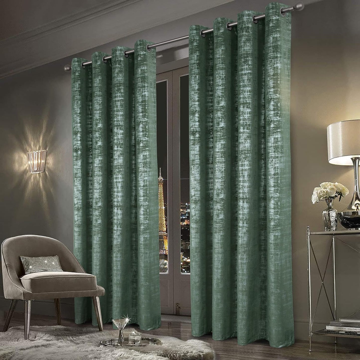 Always4U Soft Velvet Curtains 95 Inch Length Luxury Bedroom Curtains Gold Foil Print Window Curtains for Living Room 1 Panel White  always4u Sage Green (Silver Print) 2 Panels: 52''W*95''L 