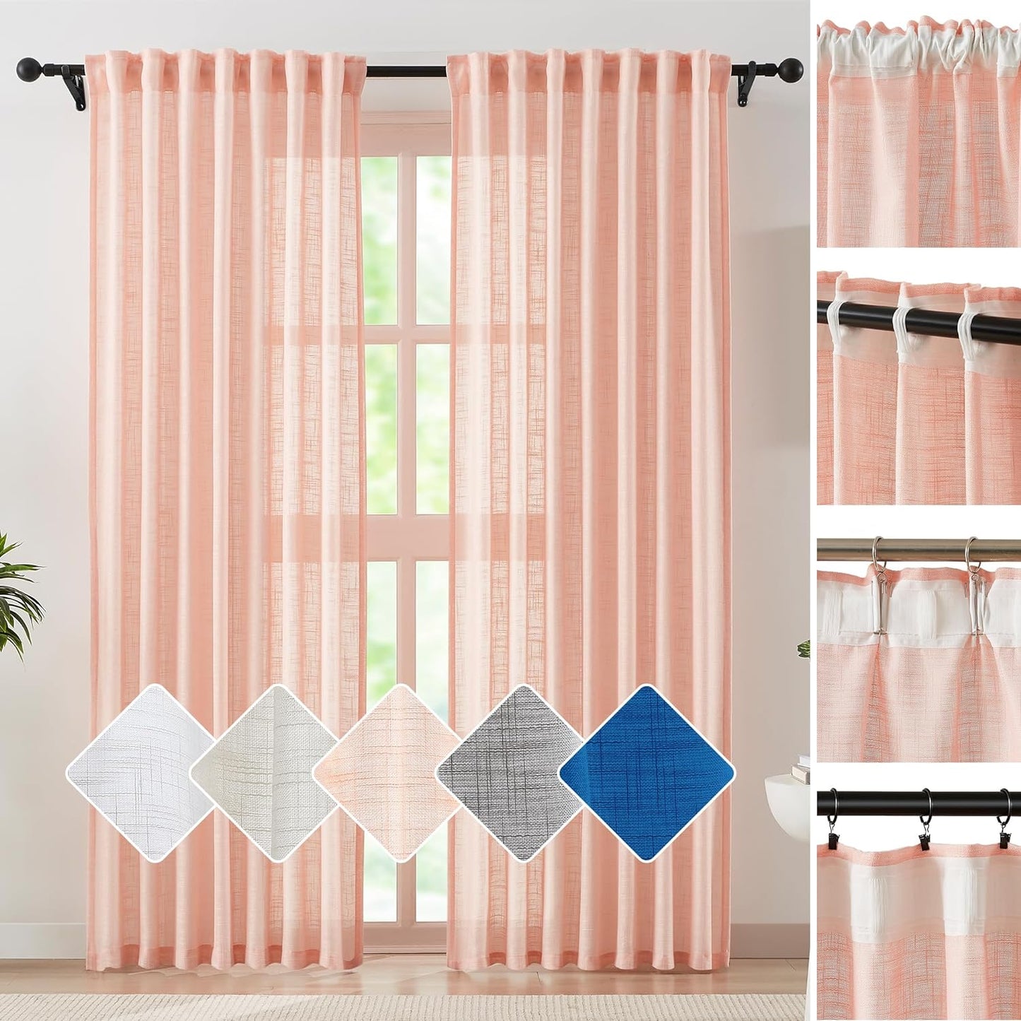 FMFUNCTEX Natural Semi-Sheer Curtains for Living Room Rich Linen Textured Look Window Curtain Draperies 52”W X63”L 2 Panels Grommet Top  Fmfunctex Multi Top - Coral/ Blush Pink 52" X 96" 2Pcs 