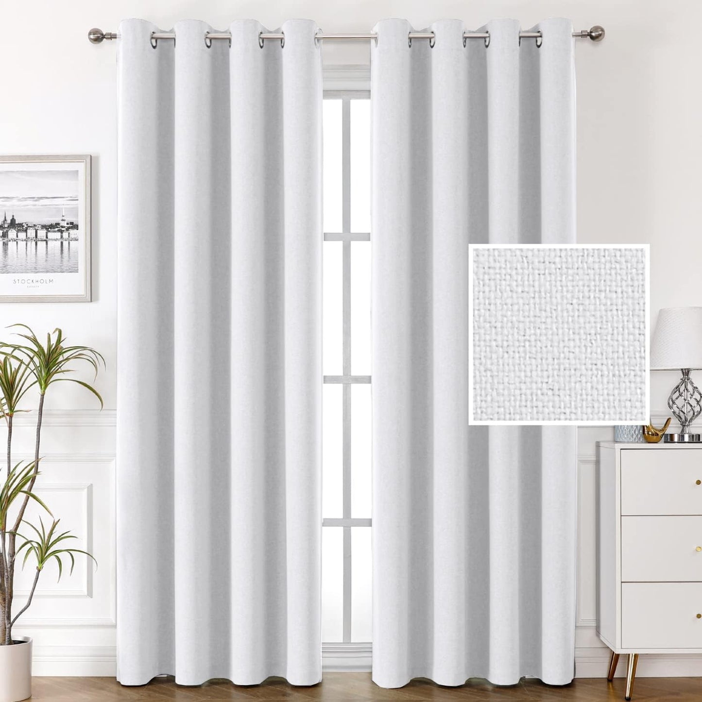 H.VERSAILTEX 100% Blackout Linen Look Curtains Thermal Insulated Curtains for Living Room Textured Burlap Drapes for Bedroom Grommet Linen Noise Blocking Curtains 42 X 84 Inch, 2 Panels - Sage  H.VERSAILTEX White 52"W X 96"L 