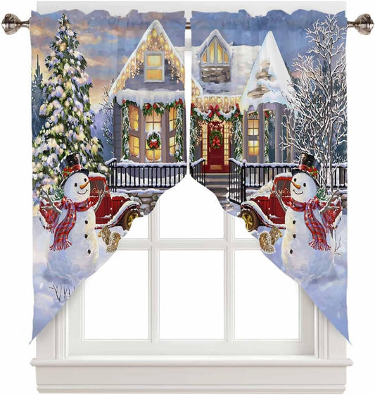 Christmas Swag Curtain Xmas Tree Snowman Swag Valance Curtain for Kitchen Window Red Truck Snowy Winnter Window Curtain Treatment Topper Curtains for Kitchen Bathroom Living Room 2 Panel,W 28 X L 36