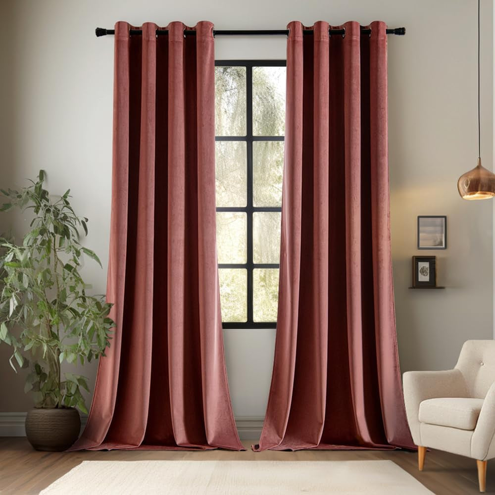 EMEMA Olive Green Velvet Curtains 84 Inch Length 2 Panels Set, Room Darkening Luxury Curtains, Grommet Thermal Insulated Drapes, Window Curtains for Living Room, W52 X L84, Olive Green  EMEMA Velvet/ Dry Rose W52" X L96" 