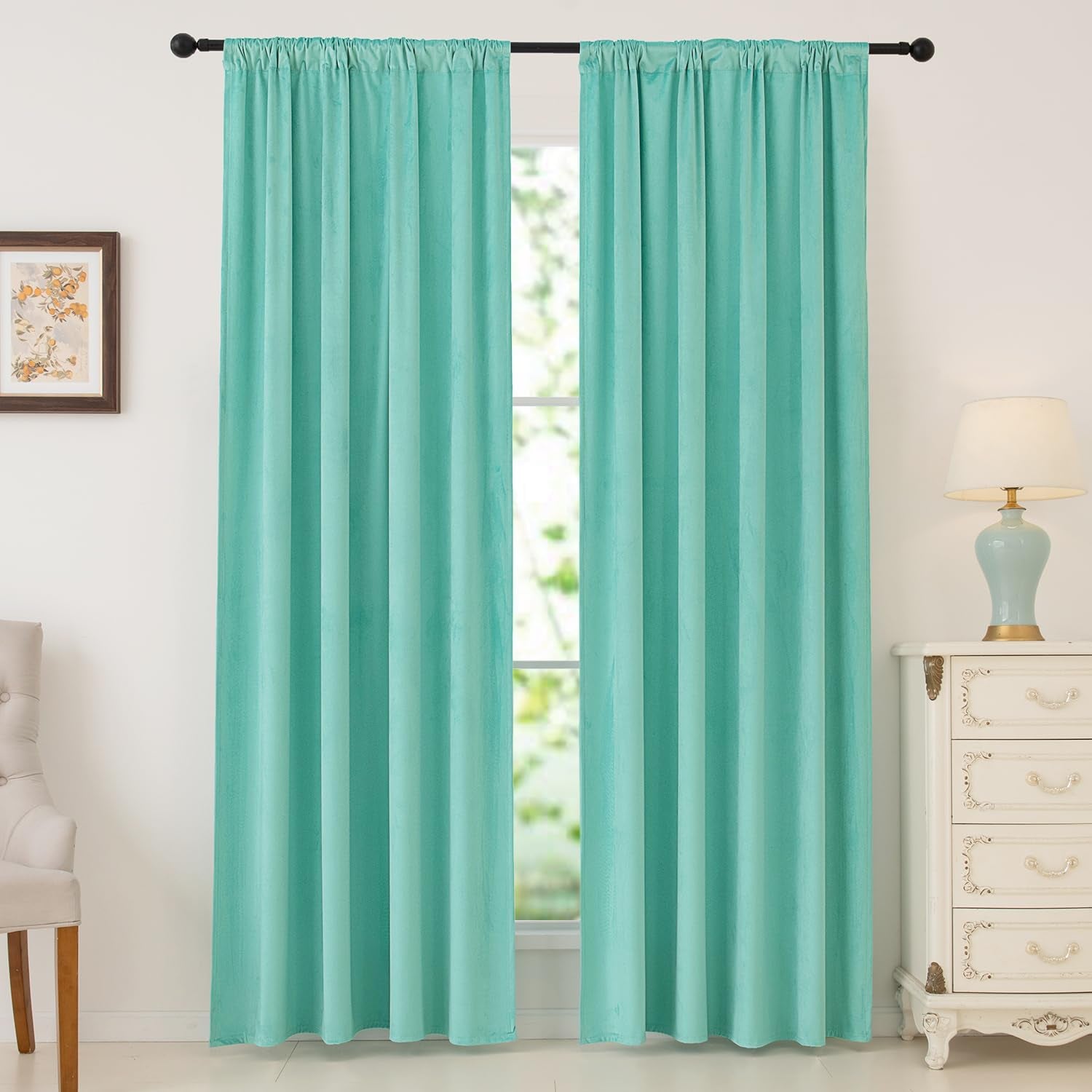 Nanbowang Green Velvet Curtains 63 Inches Long Dark Green Light Blocking Rod Pocket Window Curtain Panels Set of 2 Heat Insulated Curtains Thermal Curtain Panels for Bedroom  nanbowang Aqua 52"X84" 