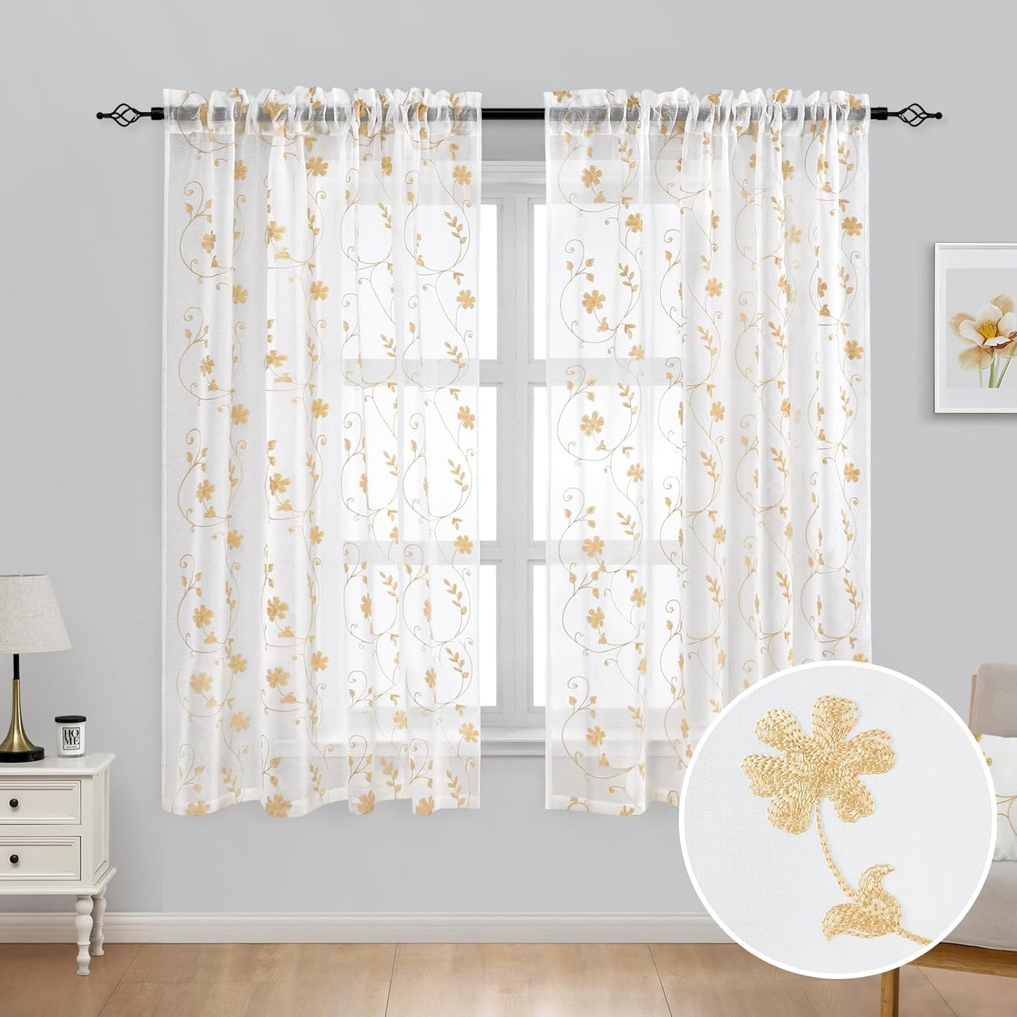 HOMEIDEAS Sage Green Sheer Curtains 52 X 63 Inches Length 2 Panels Embroidered Leaf Pattern Pocket Faux Linen Floral Semi Sheer Voile Window Curtains/Drapes for Bedroom Living Room  HOMEIDEAS White  Yellow W52" X L63" 