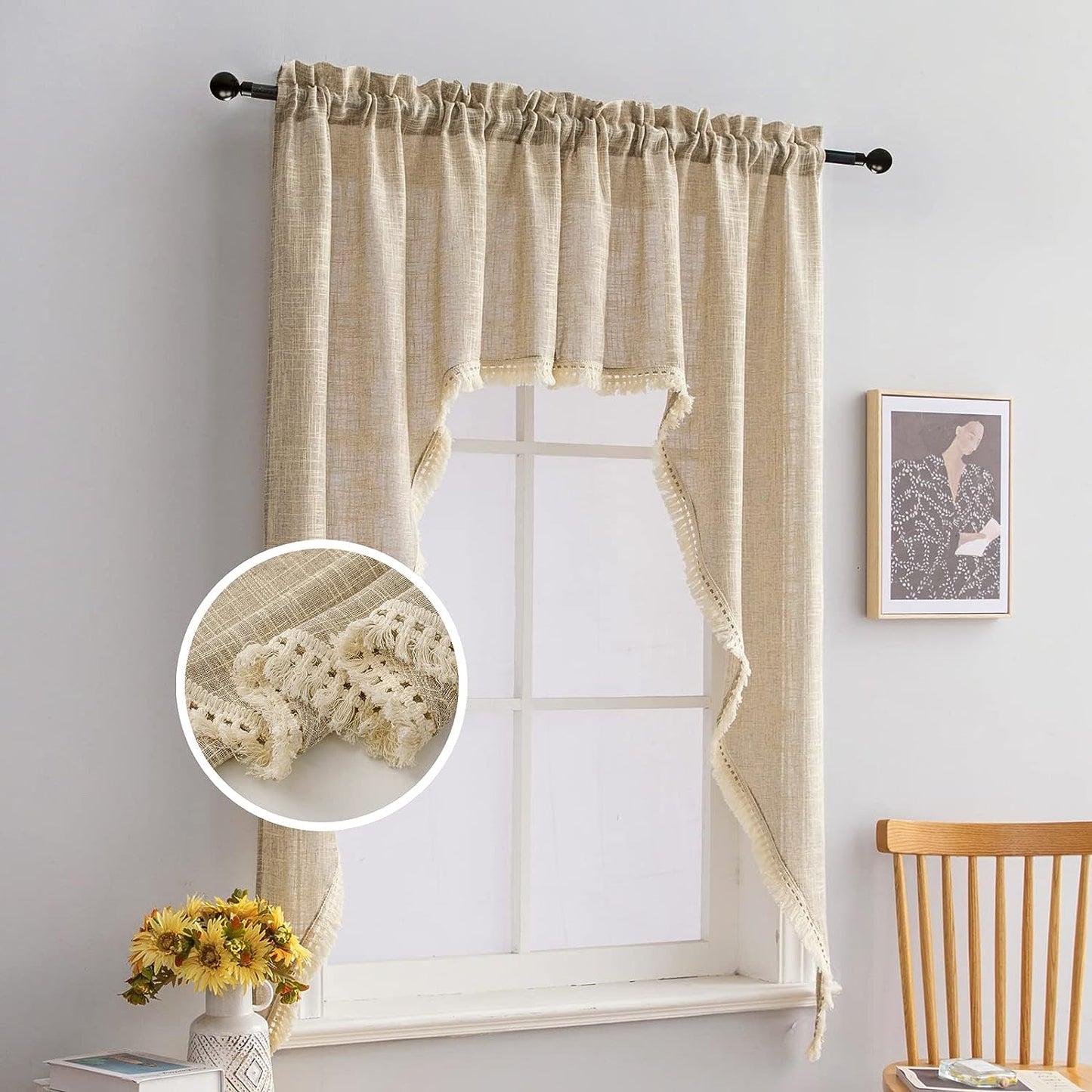 Beda Home Tassel Linen Textured Swag Curtain Valance for Farmhouses’ Kitchen; Light Filtering Rustic Short Swag Topper for Small Windows Bedroom Privacy Added Rod Pocket Design(Nature 36X63-2Pcs)  BD BEDA HOME Taupe 36Wx63L - 2 Panels 