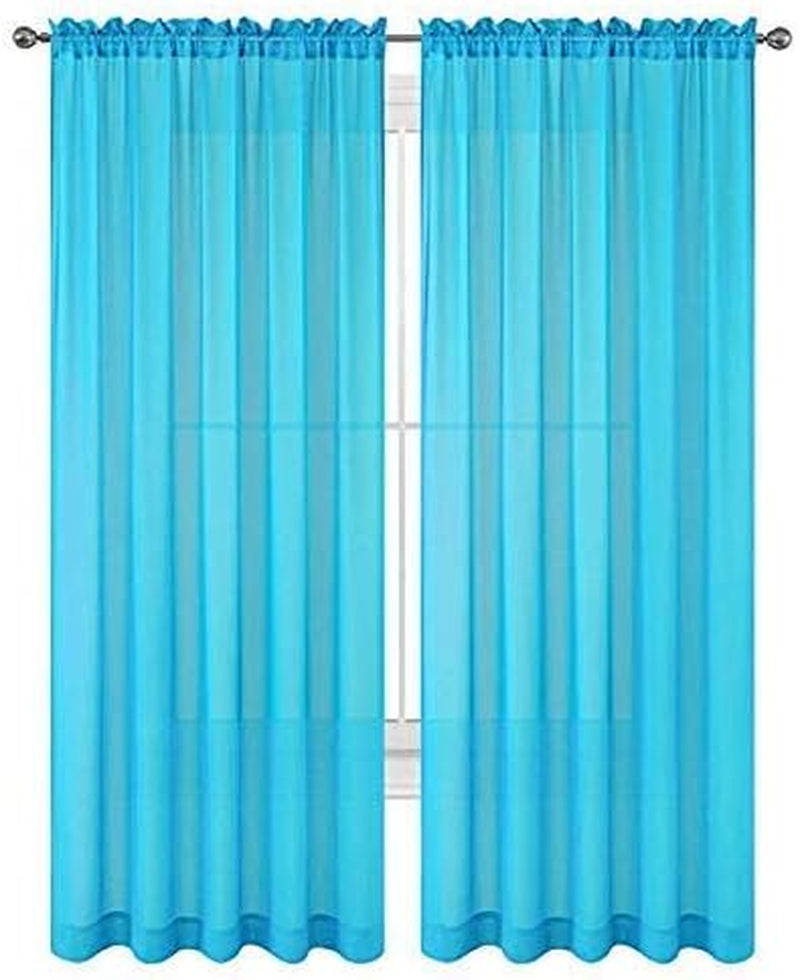 2 Piece Sheer Luxury Curtain Panel Set for Kitchen/Bedroom/Backdrop 84" Inches Long (White )  Jasmine Linen Turquoise  