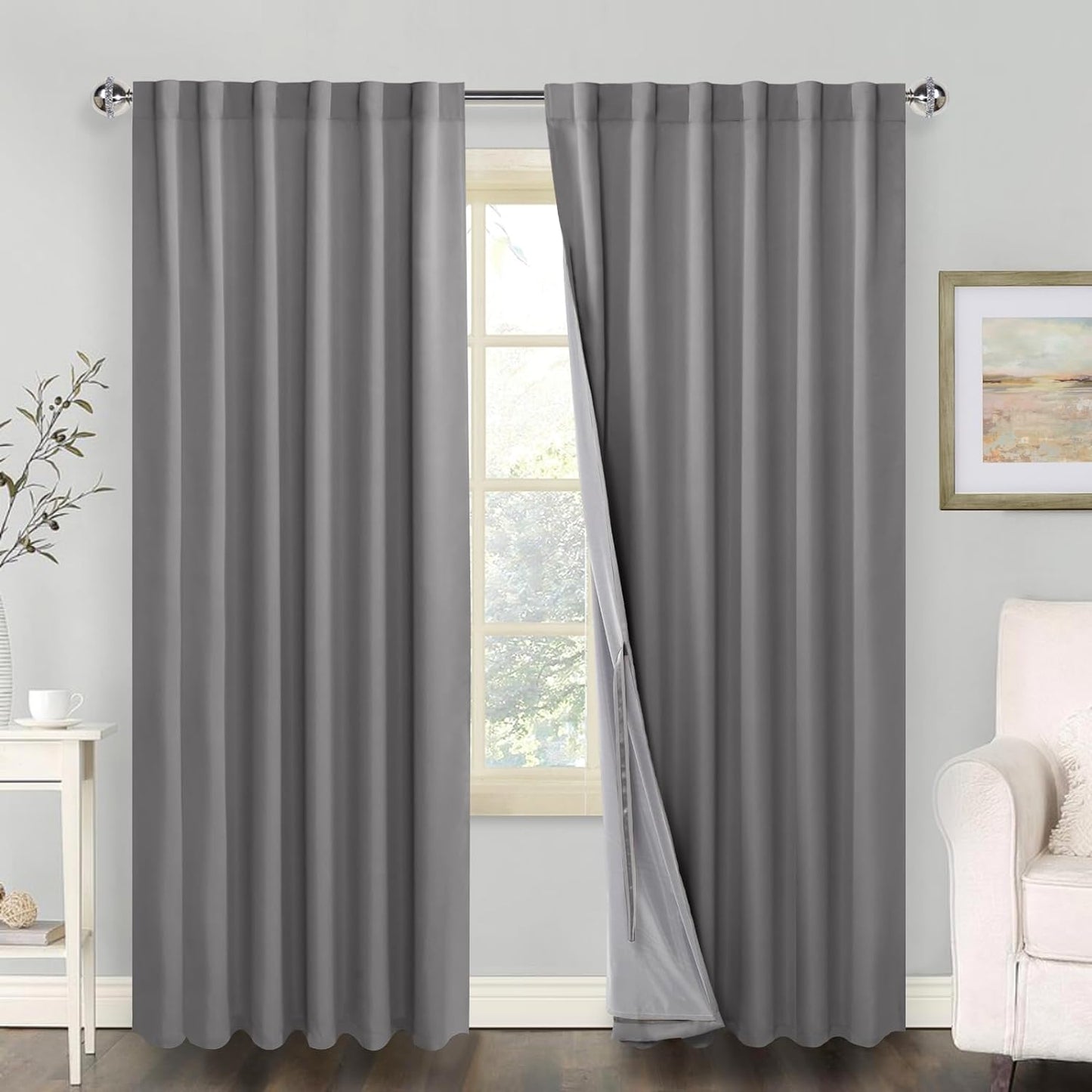 100% Blackout Curtains 2 Panels with Tiebacks- Heat and Full Light Blocking Window Treatment with Black Liner for Bedroom/Nursery, Rod Pocket & Back Tab，White, W52 X L84 Inches Long, Set of 2  XWZO Light Grey W52" X L108"|2 Panels 