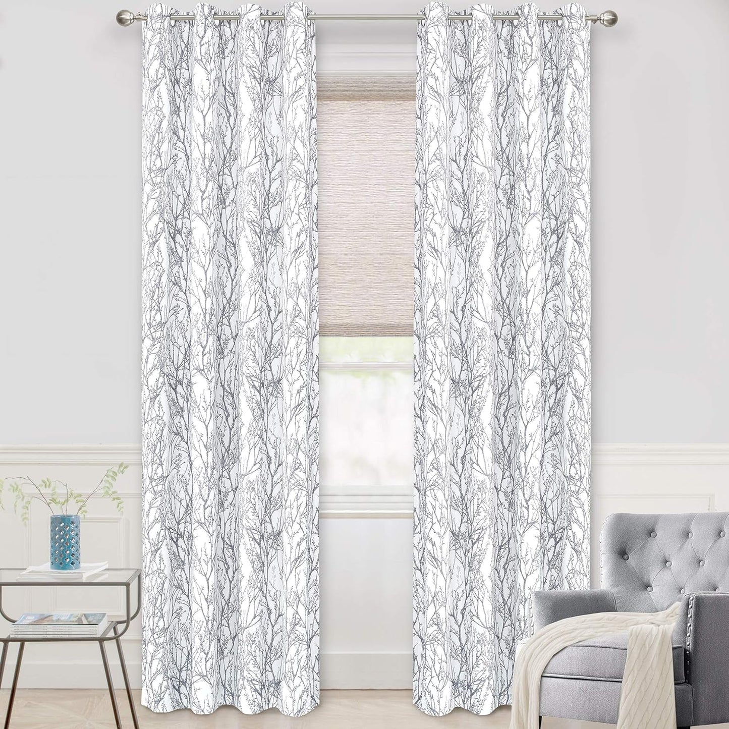 Driftaway Gray White Tree Branch Blackout Curtains for Bedroom Curtains 84 Inch Length 2 Panels Set Grey Branch Lined Window Treatment Thermal Grommet Top Curtain for Living Room Winter Warm Curtain  DriftAway Tree Branch-Gray 52"X120" 