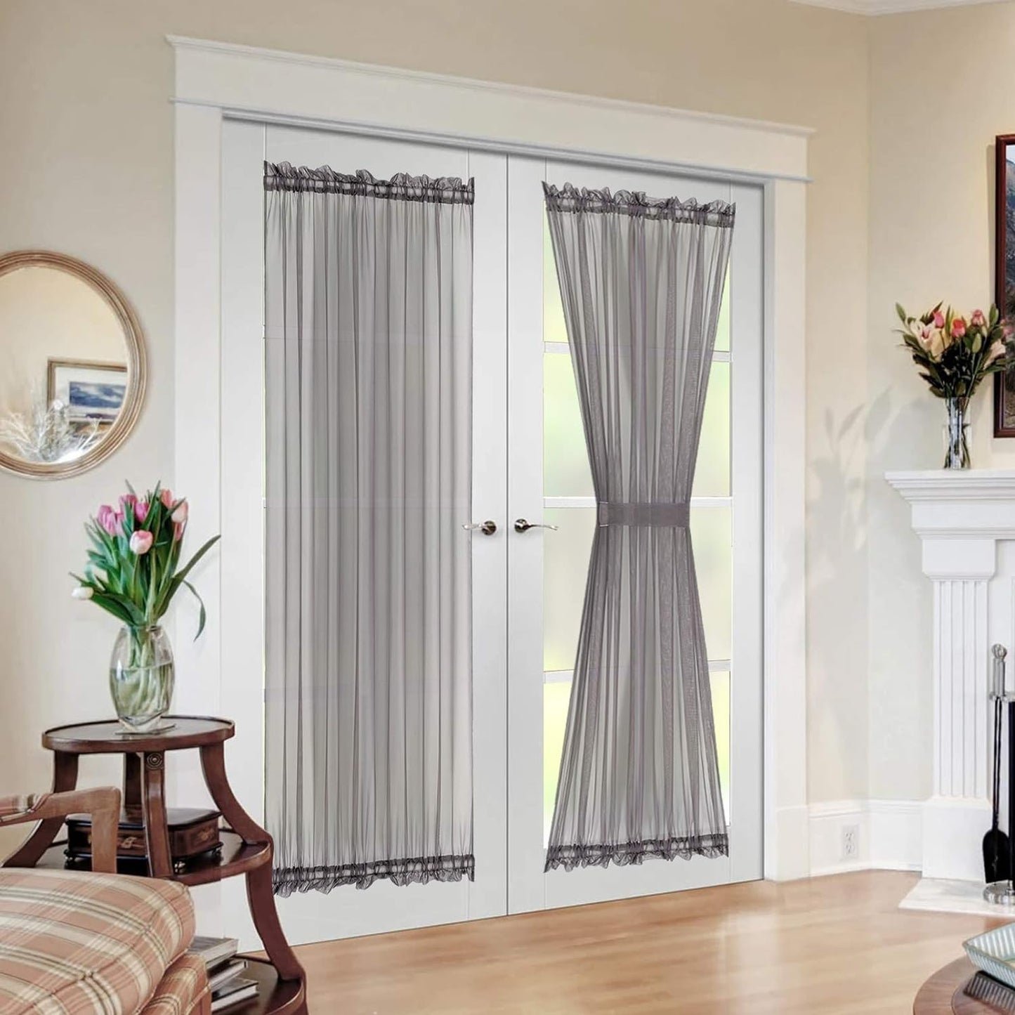 MIULEE French Door Sheer Curtains for Front Back Patio Glass Door Light Filtering Window Treatment with 2 Tiebacks 54 Wide and 72 Inches Length, White, Set of 2  MIULEE Dark Grey 54"W X 72"L 