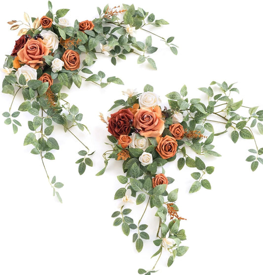 Ling'S Moment 2PCS Artificial Floral Swags Centerpieces Wedding Flower Rose Garland Greenery Arrangements for Sweetheart/Head Table Decor Car Wall Window Garden Decor | Sunset Terracotta Orange