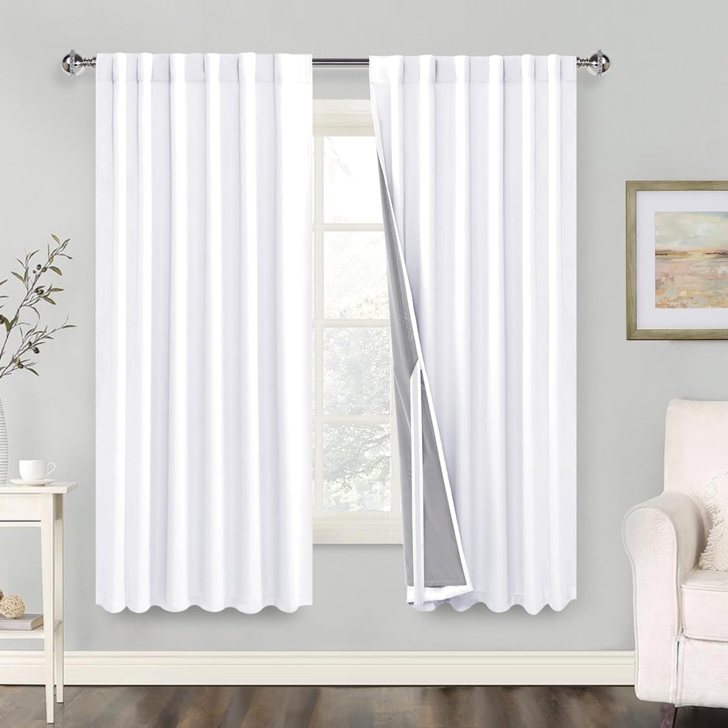 100% Blackout Curtains 2 Panels with Tiebacks- Heat and Full Light Blocking Window Treatment with Black Liner for Bedroom/Nursery, Rod Pocket & Back Tab，White, W52 X L84 Inches Long, Set of 2  XWZO White W52" X L63"|2 Panels 
