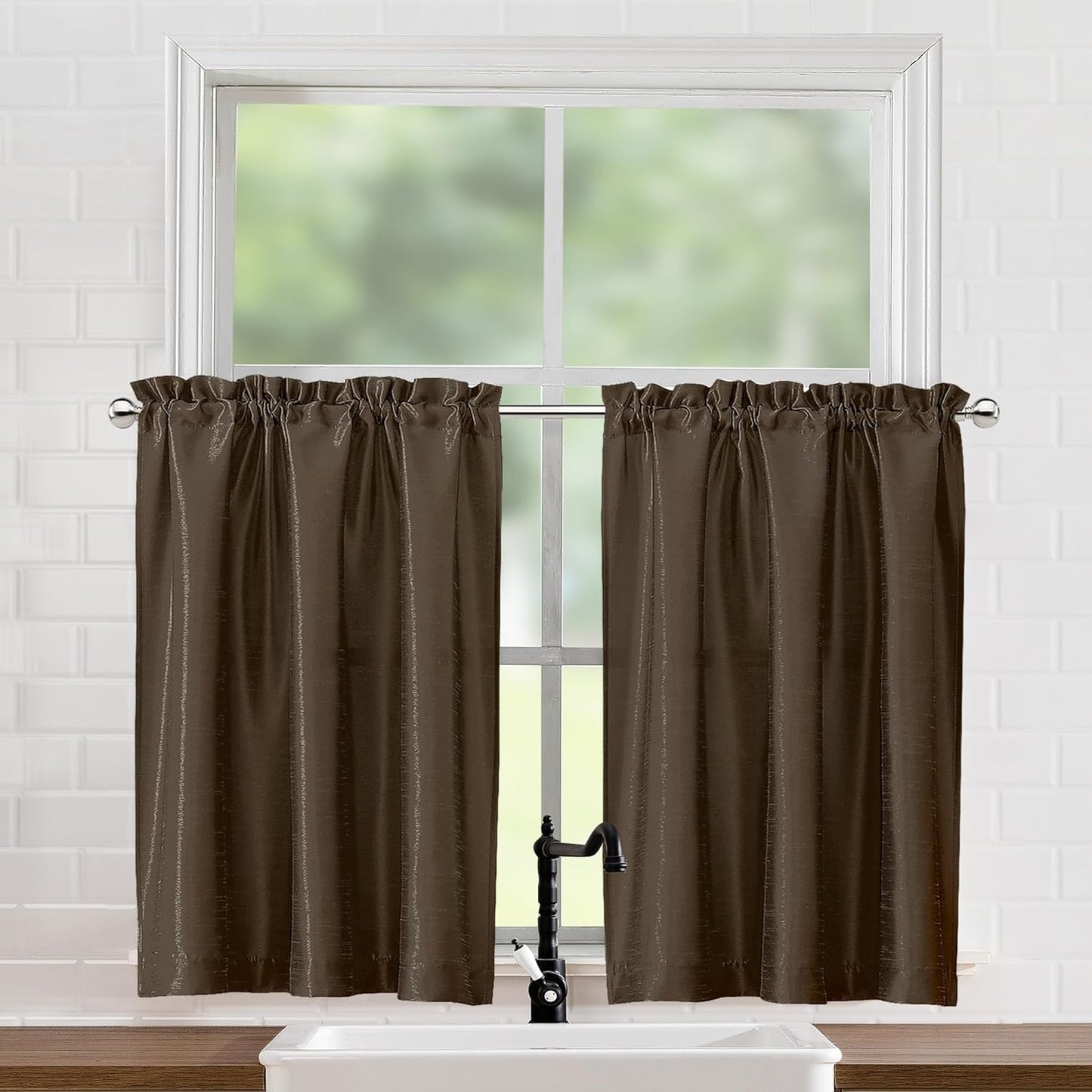 Chyhomenyc Uptown Sage Green Kitchen Curtains 45 Inch Length 2 Panels, Room Darkening Faux Silk Chic Fabric Short Window Curtains for Bedroom Living Room, Each 30Wx45L  Chyhomenyc Chocolate 2X40"Wx36"L 