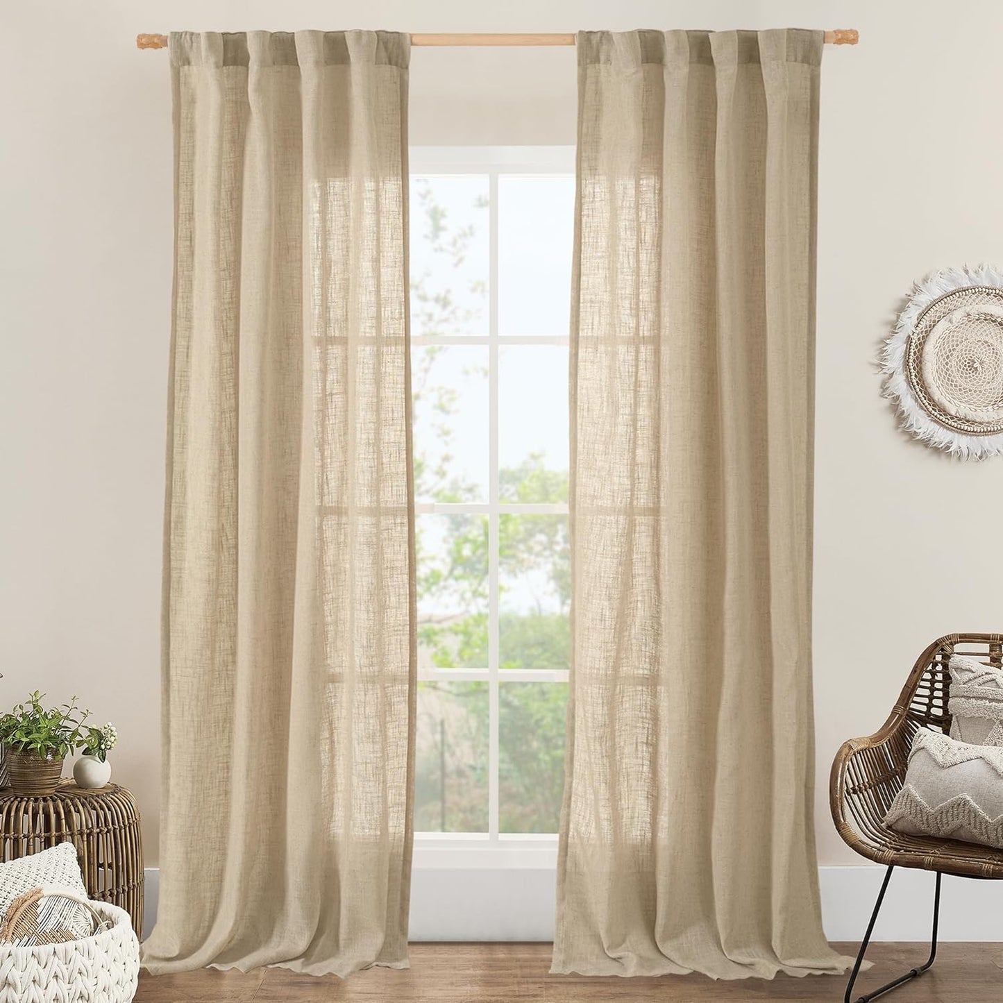 LAMIT Natural Linen Blended Curtains for Living Room, Back Tab and Rod Pocket Semi Sheer Curtains Light Filtering Country Rustic Drapes for Bedroom/Farmhouse, 2 Panels,52 X 108 Inch, Linen  LAMIT Brown 38W X 84L 