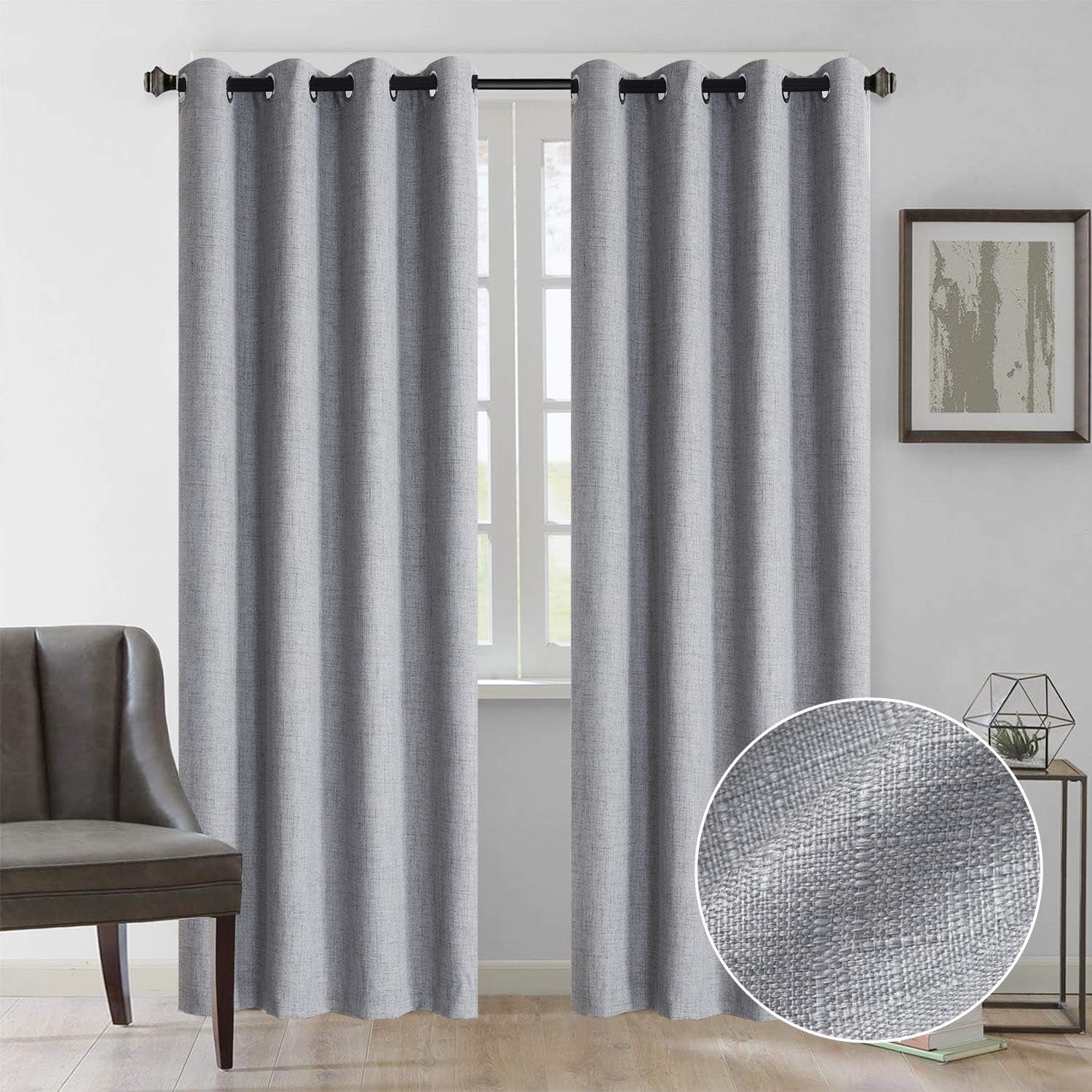RHF 100% White Blackout Curtains for Bedroom 84 Inches Long (With Liner), White Linen Blackout Curtains for Living Room 2 Panels Set, Grommet Curtains & Drapes, Burlap Curtains- 2 Panels, 50X84  Rose Home Fashion Grey W50 X L96 