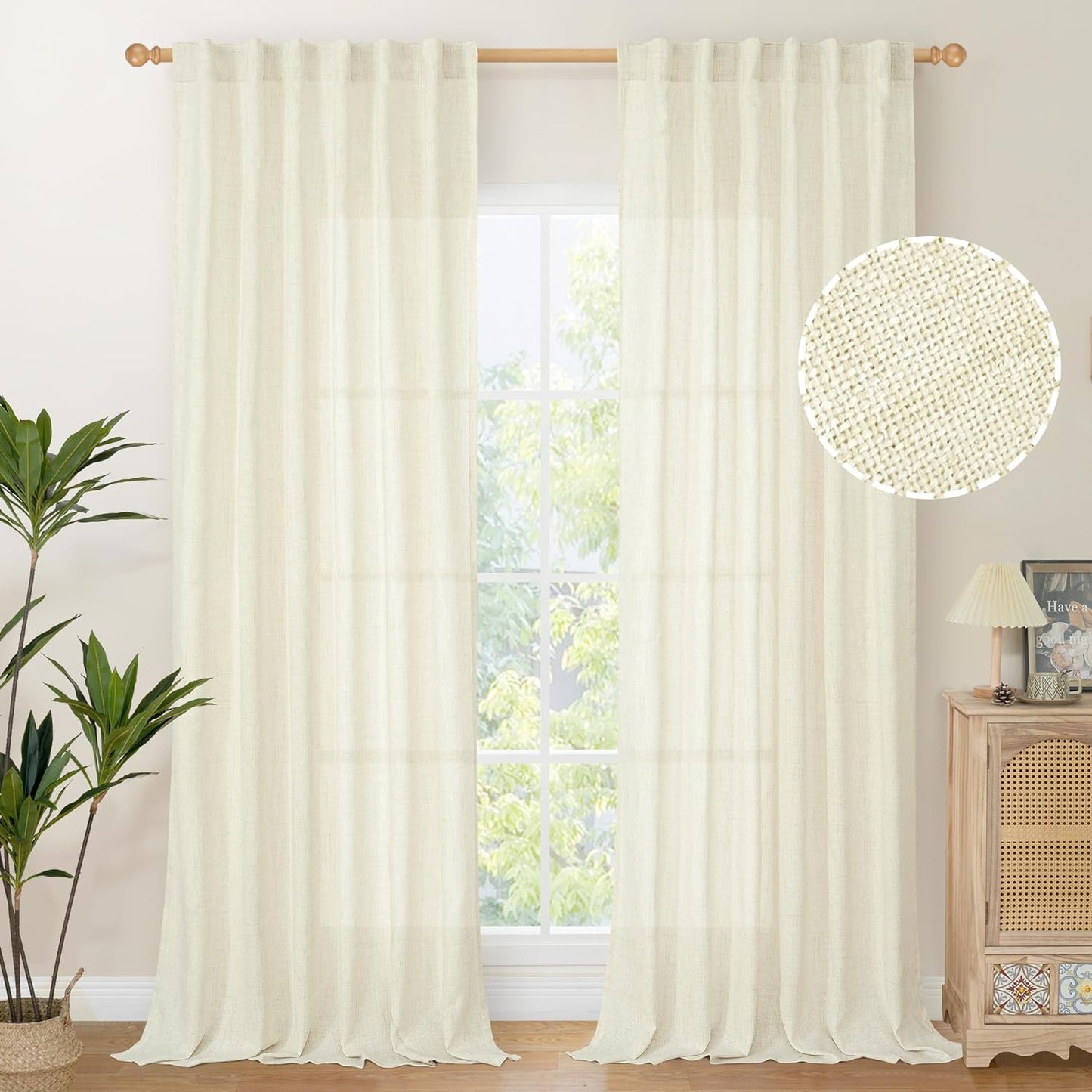 Youngstex Natural Linen Curtains 72 Inch Length 2 Panels for Living Room Light Filtering Textured Window Drapes for Bedroom Dining Office Back Tab Rod Pocket, 52 X 72 Inch  YoungsTex Cream 52W X 95L 