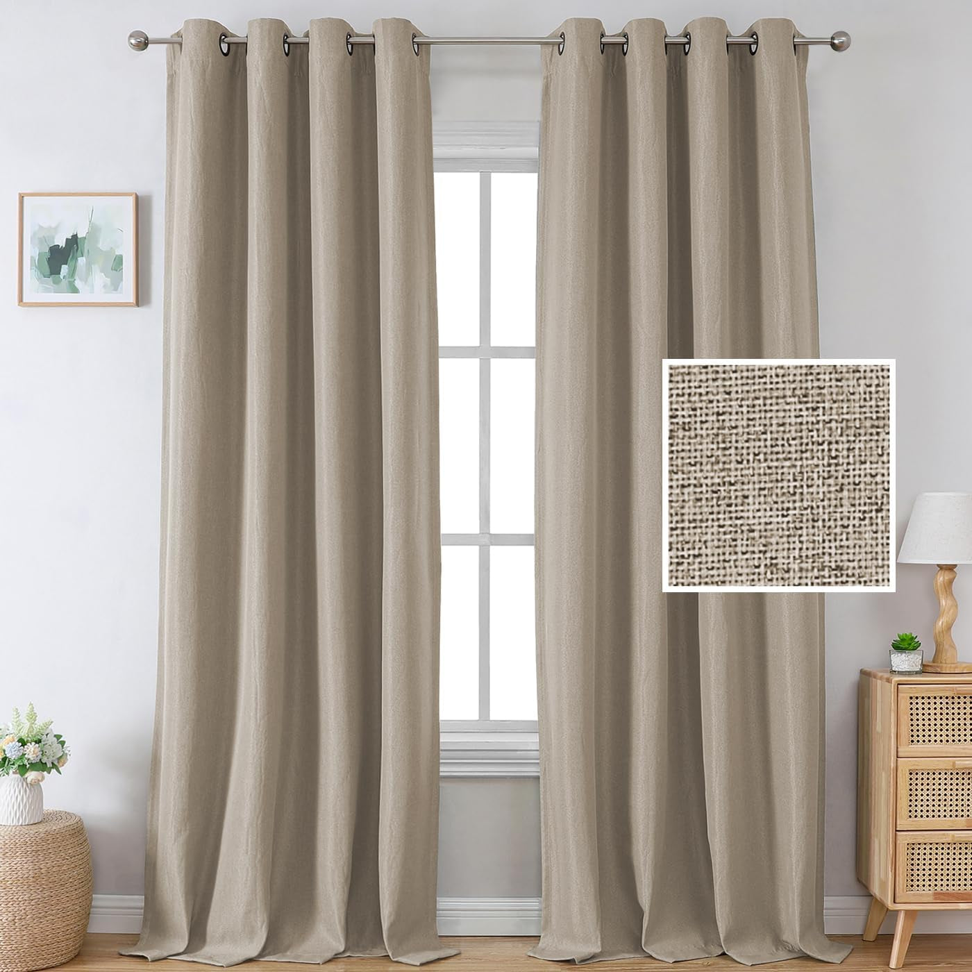 H.VERSAILTEX Linen Blackout Curtains 84 Inches Long Thermal Insulated Room Darkening Linen Curtains for Bedroom Textured Burlap Grommet Window Curtains for Living Room, Bluestone and Taupe, 2 Panels  H.VERSAILTEX Light Taupe 52"W X 96"L 