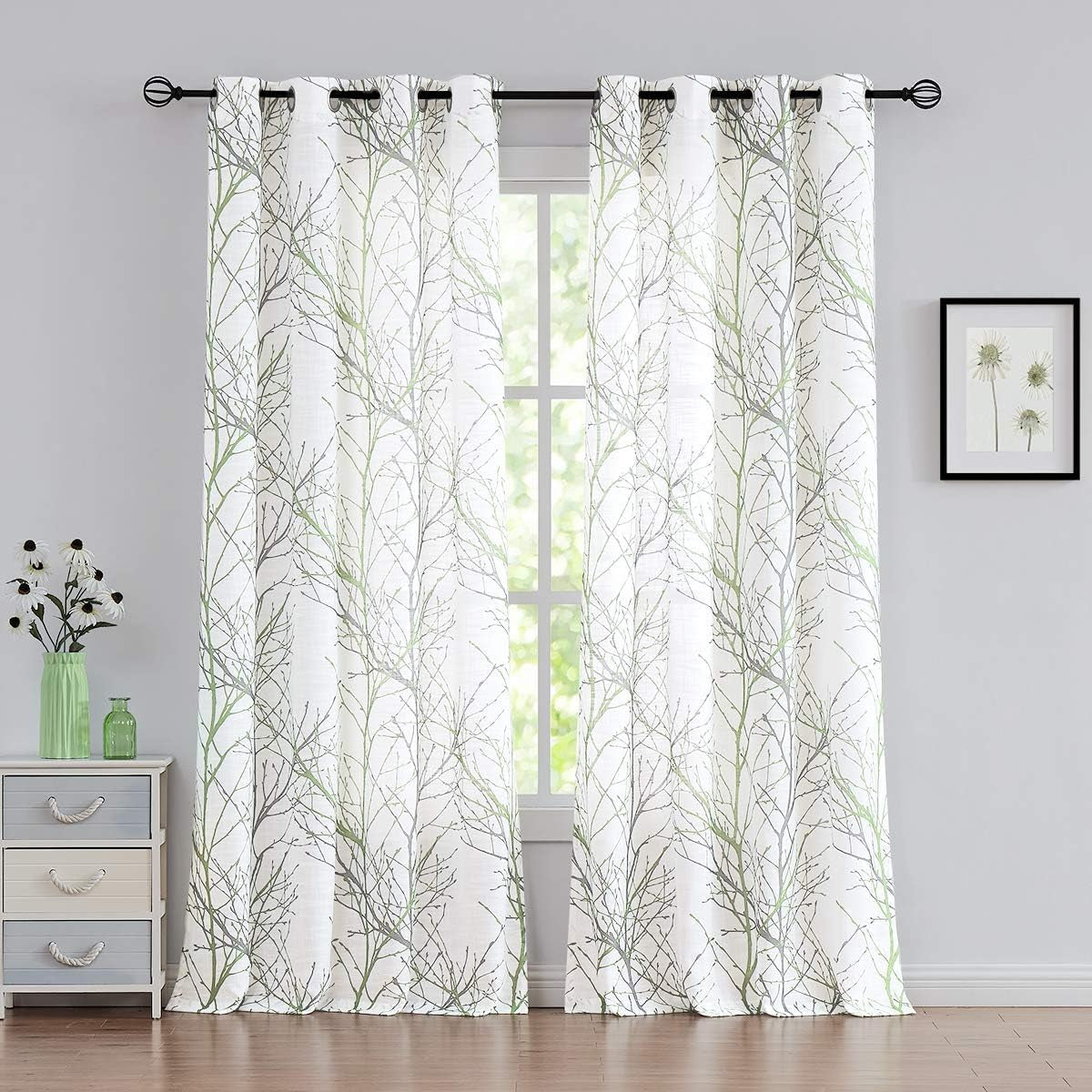FMFUNCTEX Blue White Curtains for Kitchen Living Room 72“ Grey Tree Branches Print Curtain Set for Small Windows Linen Textured Semi-Sheer Drapes for Bedroom Grommet Top, 2 Panels  Fmfunctex Green 50" X 96" |2Pcs 
