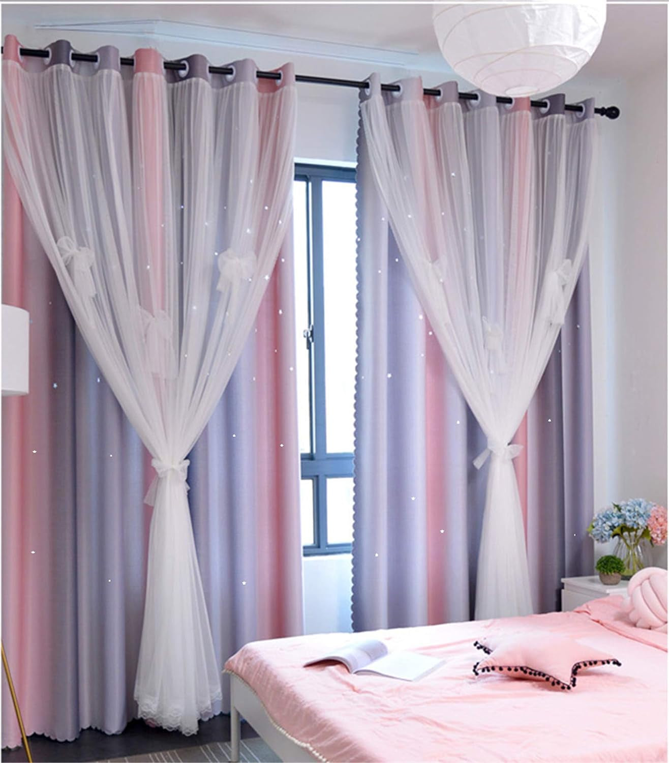 Yancorp Curtains for Girls Bedroom Kids Room Curtain Colorful Window Nursery Curtain 63 Inches Length Room Darkening Grommet 2 Layers (Pink Purple, W52 X L63)  Yancorp Pink Grey W52" X L108" 