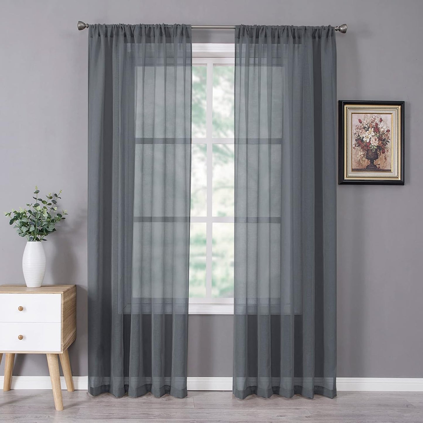 Tollpiz Short Sheer Curtains Linen Textured Bedroom Curtain Sheers Light Filtering Rod Pocket Voile Curtains for Living Room, 54 X 45 Inches Long, White, Set of 2 Panels  Tollpiz Tex Dark Grey 54"W X 72"L 