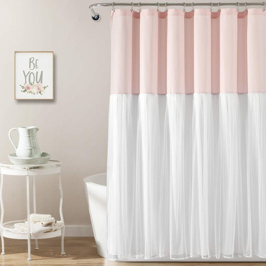 Lush Decor Tulle Skirt Colorblock Shower Curtain, 72" X 72", Blush & White