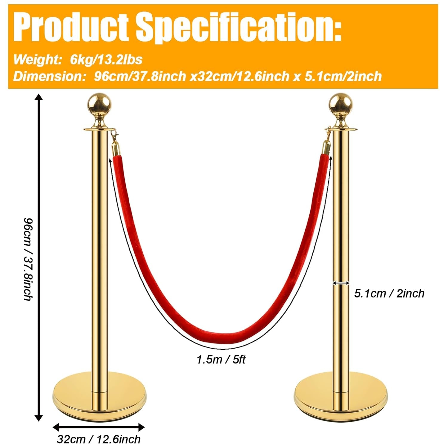 Gold Stanchion Post,38 Inch Stanchion Posts Queue with 5 Ft/1.5 M Red Velvet Rope,Hollow Base and Ropes Safety Barriers Set,Crowd Control Barriers Queue Line Rope for Theater Party