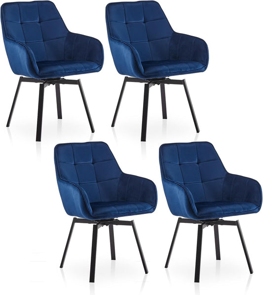Tukailai Swivel Dining Chairs Set of 4 Velvet Upholstered, with Arm, Back, Super Thick Padded Seat & Metal Legs, Rotatable Armchair for Home Kitchen, Reception, Office, Dressing, Restaurant (Blue)