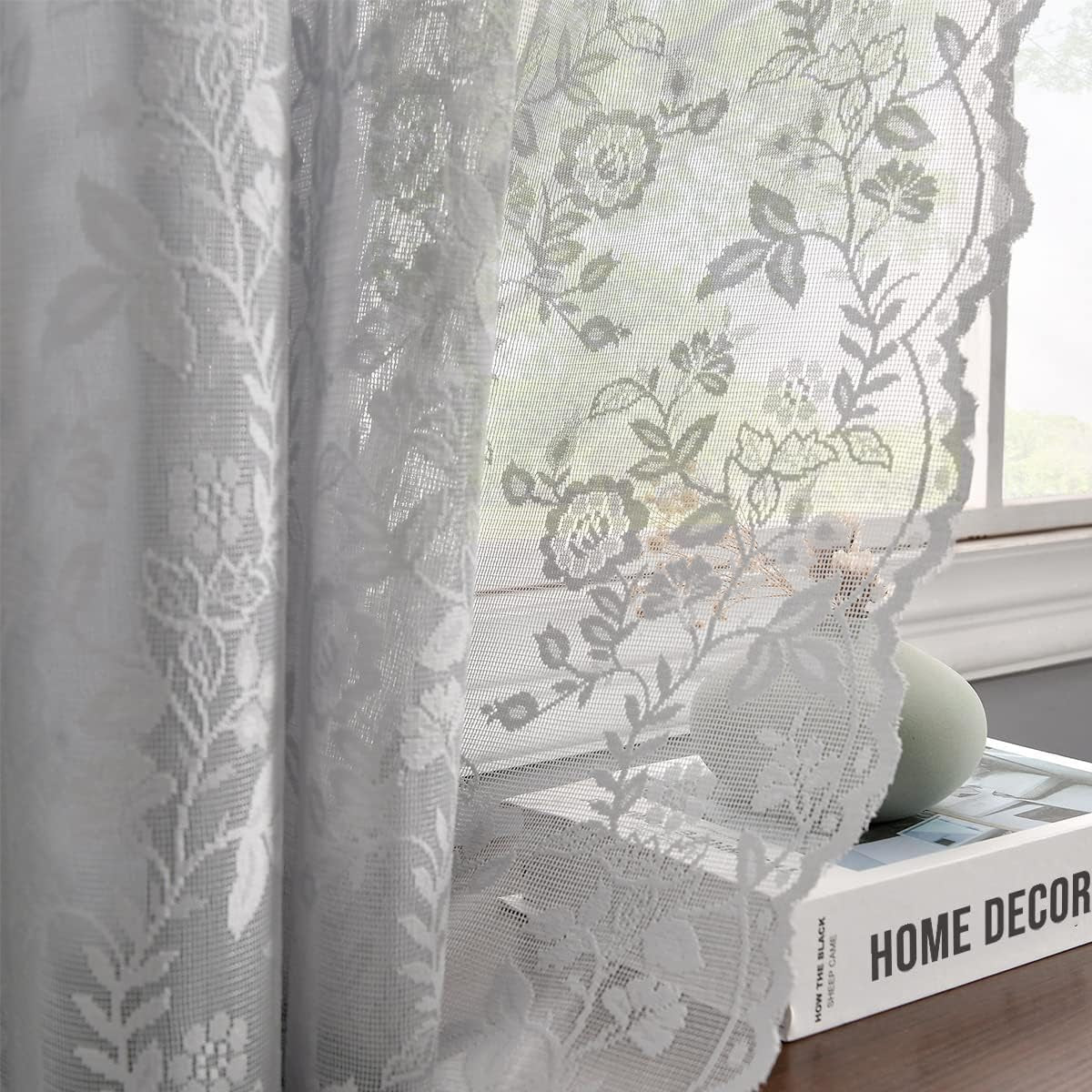 FINECITY Lace Curtains Country Rustic Floral Sheer Curtains for Living Room 72 Inch Length Drapes Vintage Floral Pattern Farmhouse Privacy Light Filtering Sheer Curtain 2 Panels, 52 X 72 Inch, Grey  Keyu Textile Grey W52 X L54 Inch 