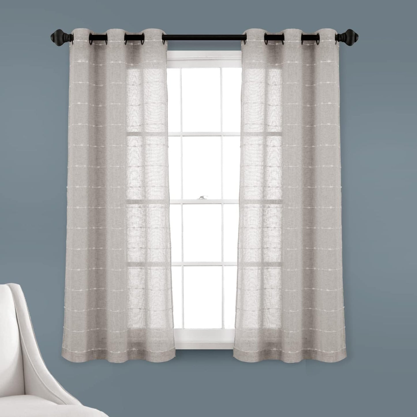 Lush Decor Farmhouse Textured Grommet Sheer Window Curtain Panel Pair, 38"W X 95"L, Gray  Triangle Home Fashions Grey Grommet Pair 38"W X 63"L