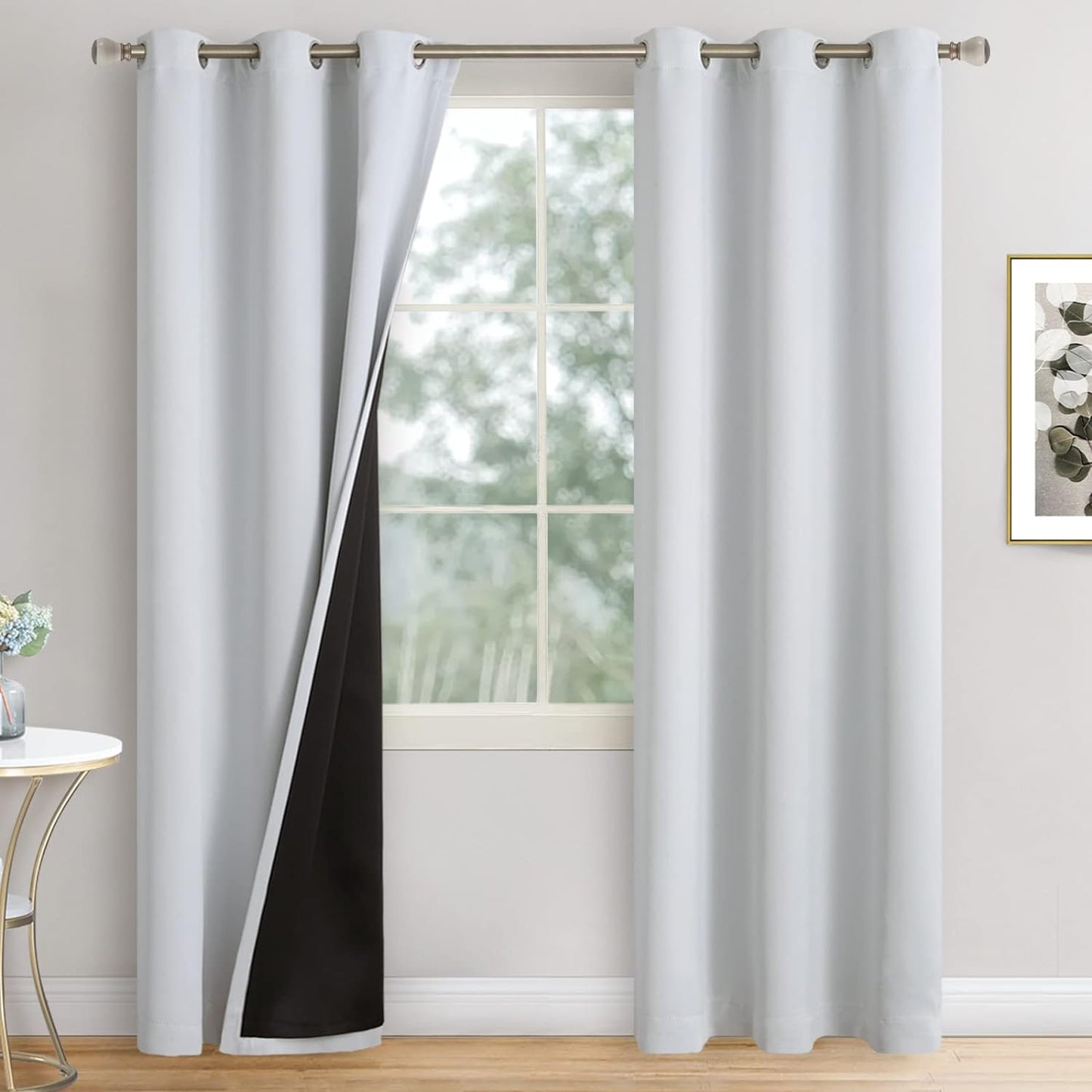 QUEMAS Short Blackout Curtains 54 Inch Length 2 Panels, 100% Light Blocking Thermal Insulated Soundproof Grommet Small Window Curtains for Bedroom Basement with Black Liner, Each 42 Inch Wide, White  QUEMAS Greyish White + Black Lining W42 X L84 