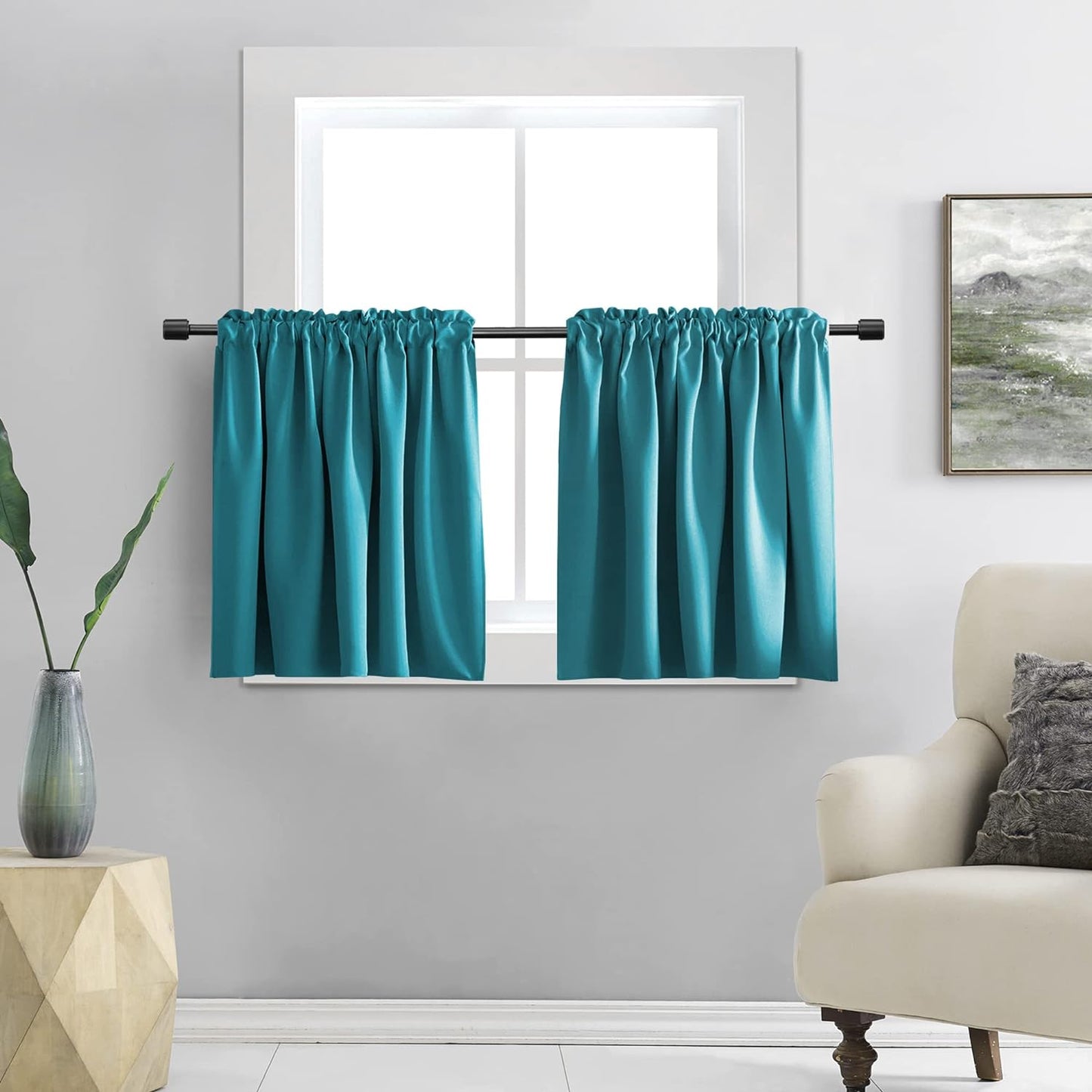 DONREN 24 Inch Length Curtains- 2 Panels Blackout Thermal Insulating Small Curtain Tiers for Bathroom with Rod Pocket (Black,42 Inch Width)  DONREN Teal 42" X 24" 