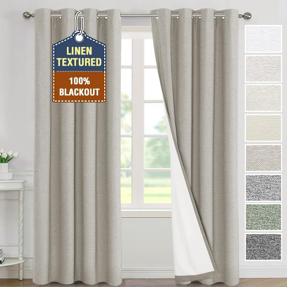 H.VERSAILTEX Linen Curtains Grommeted Total Blackout Window Draperies with Linen Feel, Thermal Liner for Energy Saving 100% Blackout Curtains for Bedroom 2 Panel Sets, 52X96 Inch, Ultimate Gray  H.VERSAILTEX Oatmeal 52"W X 108"L 