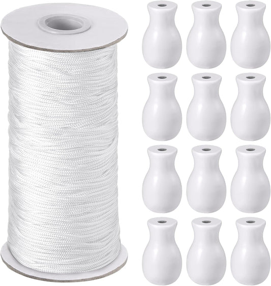 109.36 Yards Roman Blind Cord 1.8 Mm Braided Lift Shade Cord and 12 Pieces Wood Blind Pull Cord Knobs for DIY Roman Blind, Curtain Craft (White)