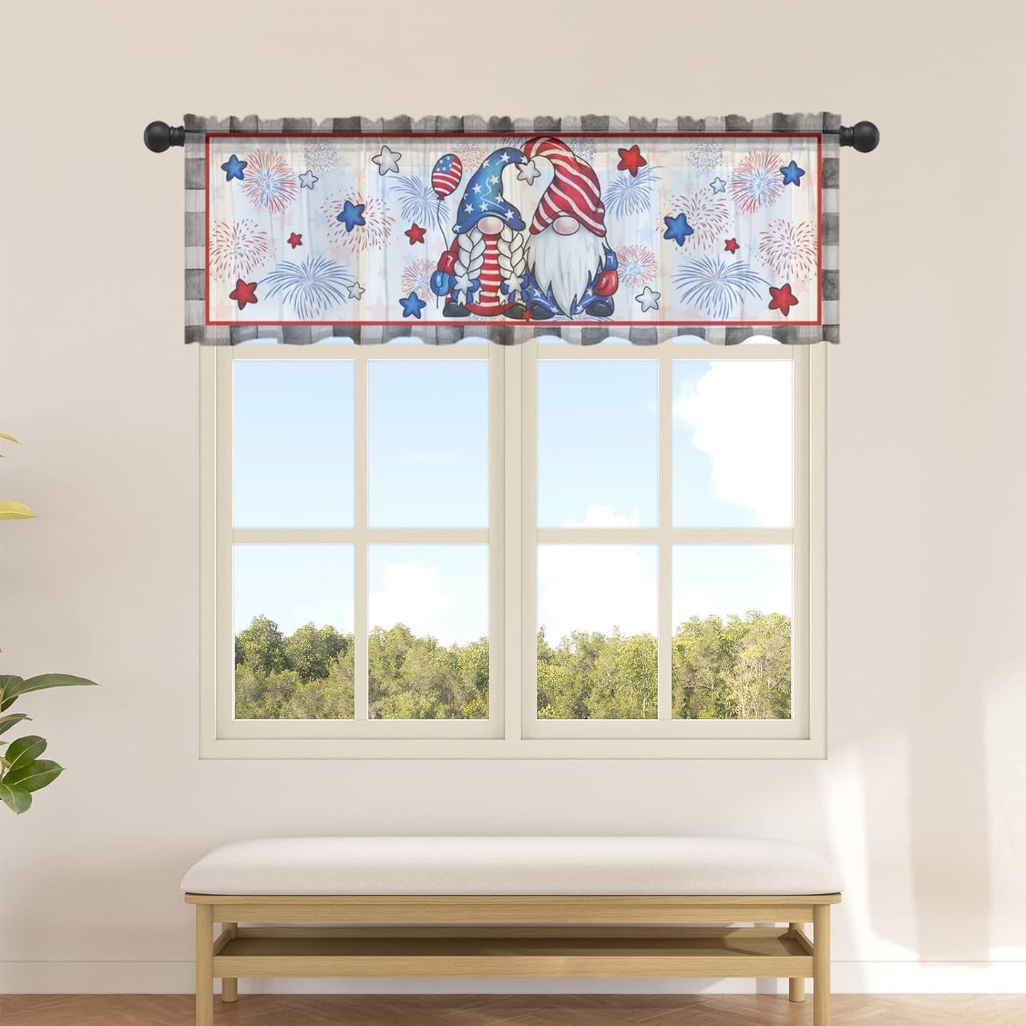 4Th of July Valance Curtains for Kitchen/Living Room/Bathroom/Bedroom Window,Rod Pocket Small Topper Half Short Window Curtains Voile Sheer Scarf, Star Gnomes American Memorial Patriotic Day 54"X18"