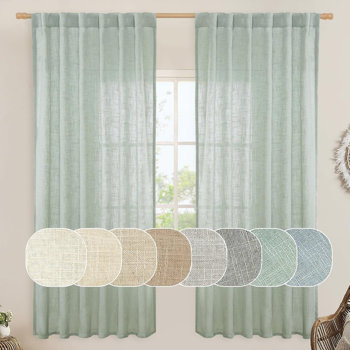 LAMIT Natural Linen Blended Curtains for Living Room, Back Tab and Rod Pocket Semi Sheer Curtains Light Filtering Country Rustic Drapes for Bedroom/Farmhouse, 2 Panels,52 X 108 Inch, Linen  LAMIT Light Sage 52W X 72L 