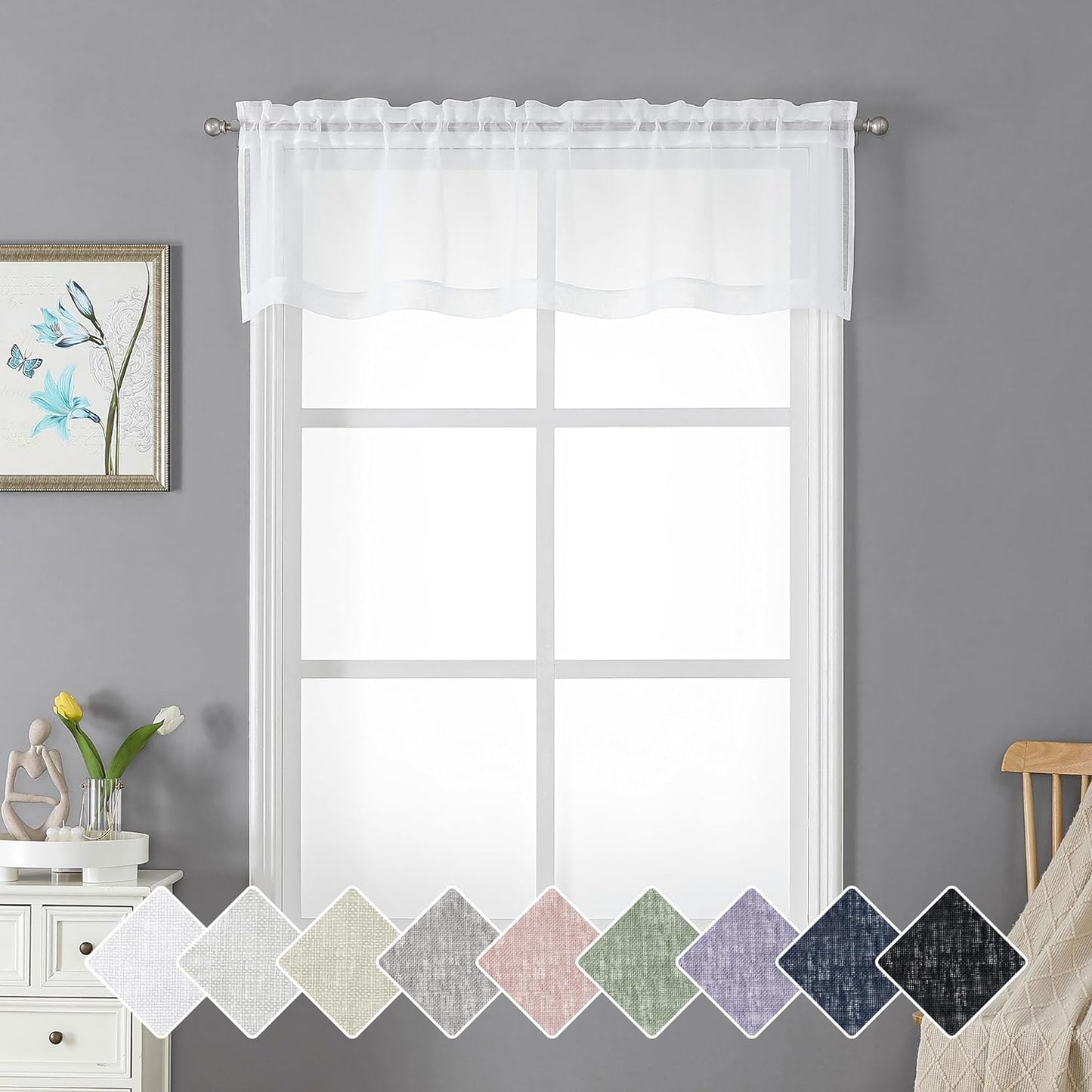 Lecloud Doris Faux Linen Sheer Grey Valance Curtains 14 Inches Length, Cafe Kitchen Bedroom Living Room Gauzy Silver Grey Curtain for Small Window, Slub Light Gray Valance Dual Rod Pockets 60X14 Inch  Lecloud White 60 W X 14 L 