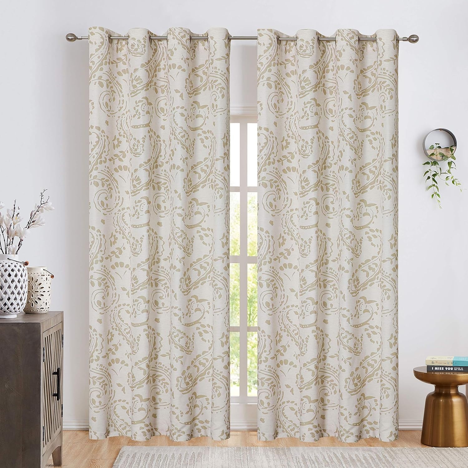 Jacquard Retro Style Curtain Panels, Grommet Top Window Treatment Sets for Living Room Patio Door Traditional Floral Pattern Drapes Set of 2 Panels, 52" X 63", Tan  Ronaldecor   