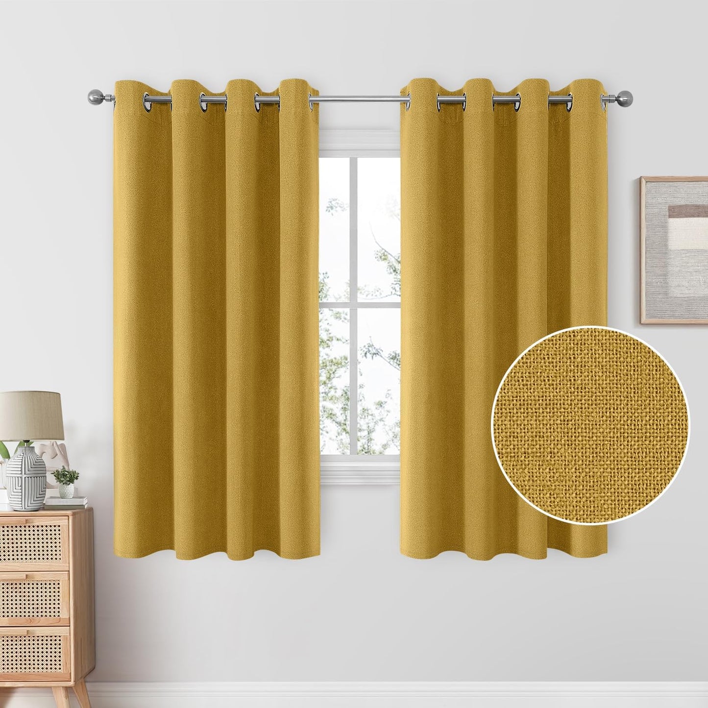 HOMEIDEAS 100% Blush Pink Linen Blackout Curtains for Bedroom, 52 X 84 Inch Room Darkening Curtains for Living, Faux Linen Thermal Insulated Full Black Out Grommet Window Curtains/Drapes  HOMEIDEAS Mustard Yellow W52" X L63" 