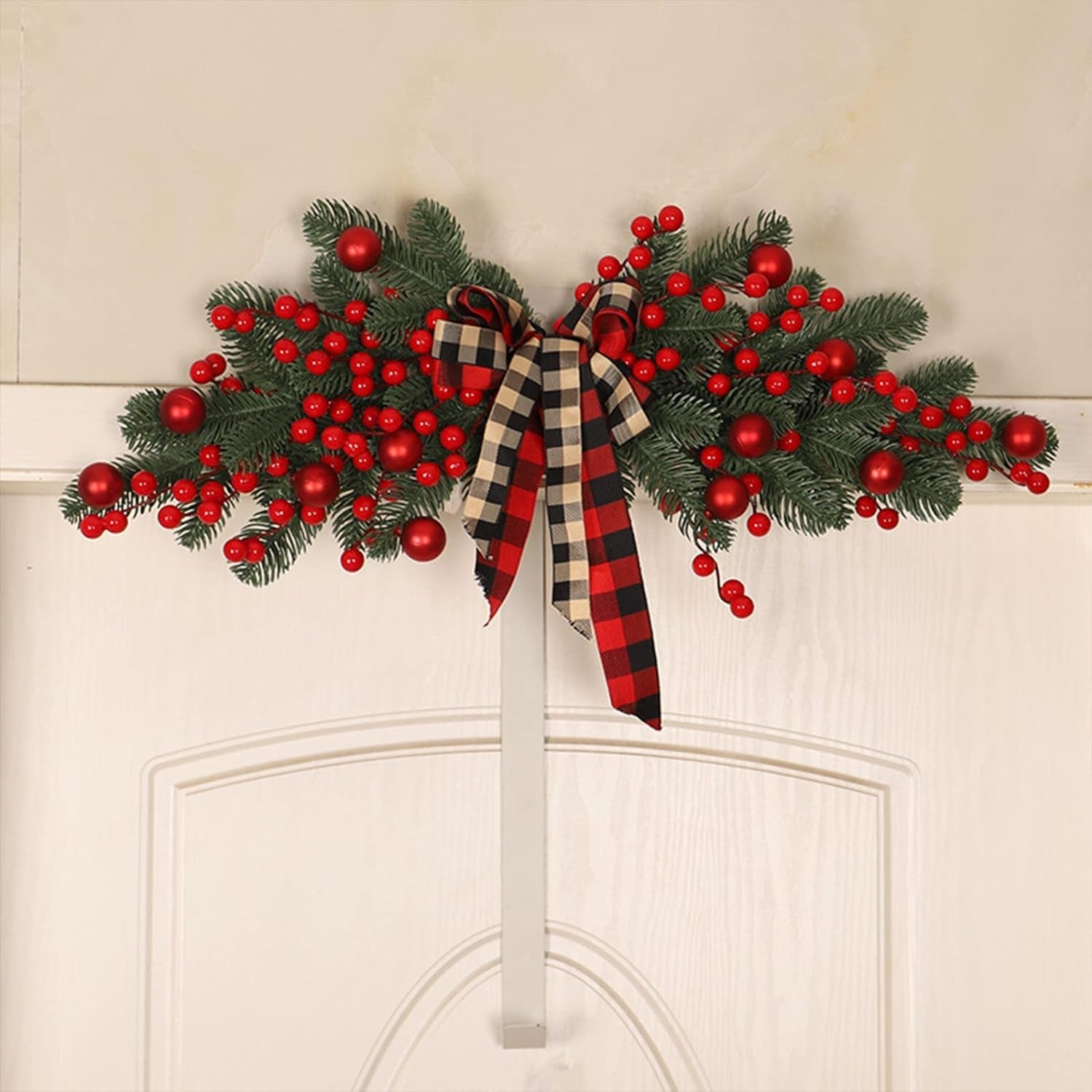 Artificial Christmas Swag Wreaths,27.6 Inch Christmas Pine Needles Door Swag with Plaid Ribbon Bow and Red Berries Greenery Xmas Mailbox Swag for Front Door Window Mantels Wall Home(Without Light)