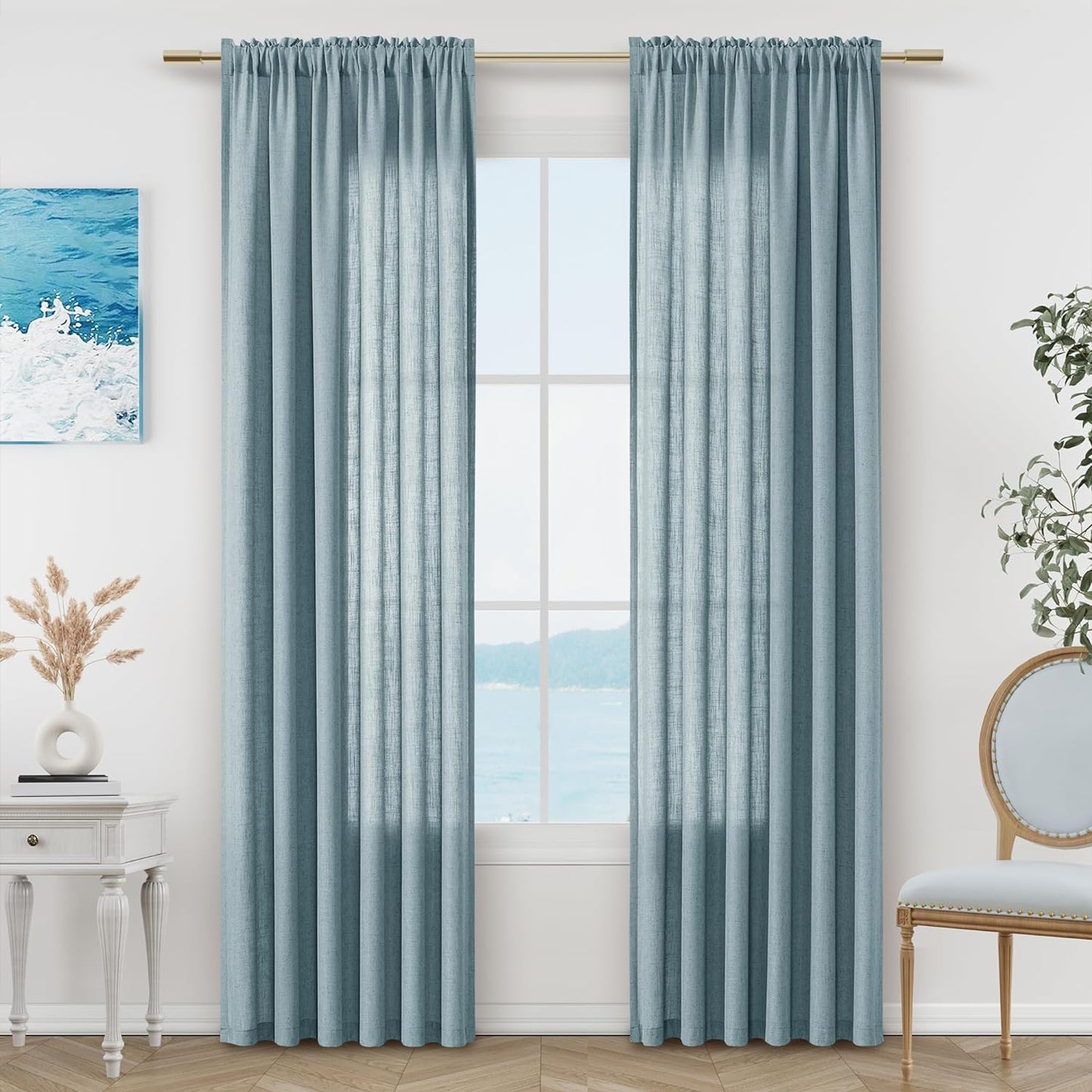 Guken Blue Linen Curtains 84 Inch Length for Living Room Bedroom 2 Panels Set Rod Pocket Light Filtering Semi Sheer Window Curtains 52 Inch Width Boho Farmhouse Linen Drapes Dusty Blue, W52Xl84  Guken   