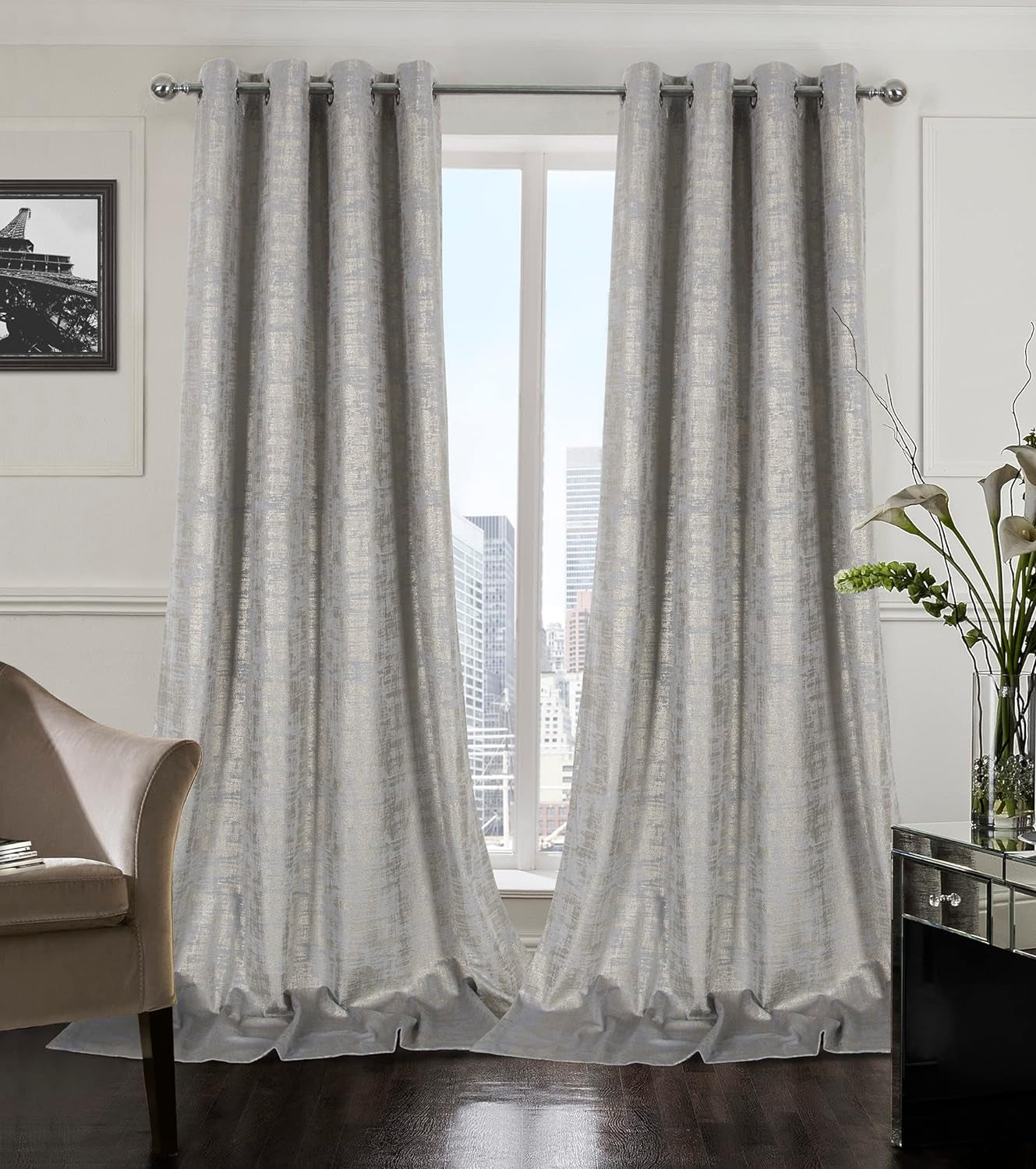 Always4U Soft Velvet Curtains 95 Inch Length Luxury Bedroom Curtains Gold Foil Print Window Curtains for Living Room 1 Panel White  always4u Silver (Gold Print) 1 Panel: 45''W*108''L 