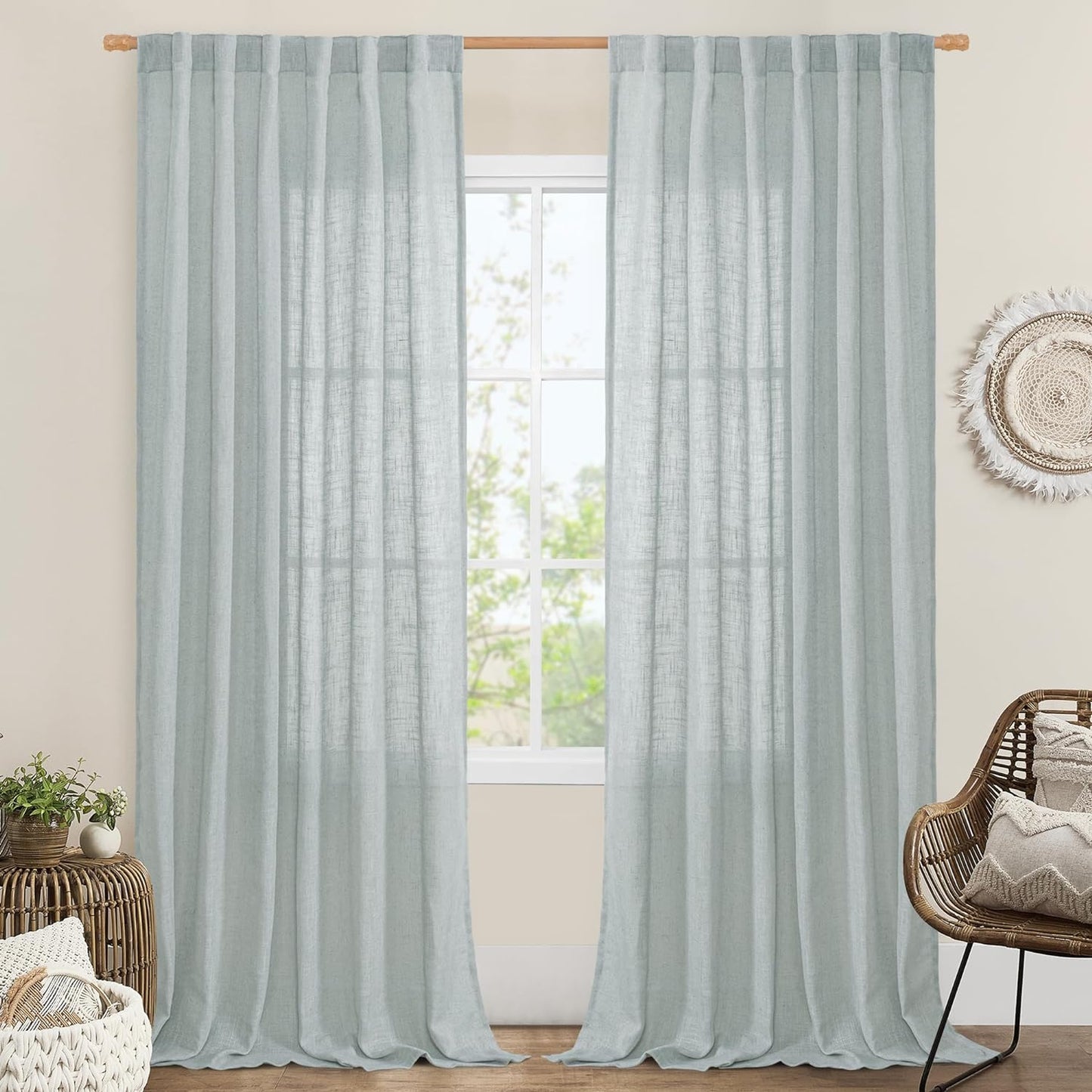 LAMIT Natural Linen Blended Curtains for Living Room, Back Tab and Rod Pocket Semi Sheer Curtains Light Filtering Country Rustic Drapes for Bedroom/Farmhouse, 2 Panels,52 X 108 Inch, Linen  LAMIT Greyish Blue 52W X 84L 