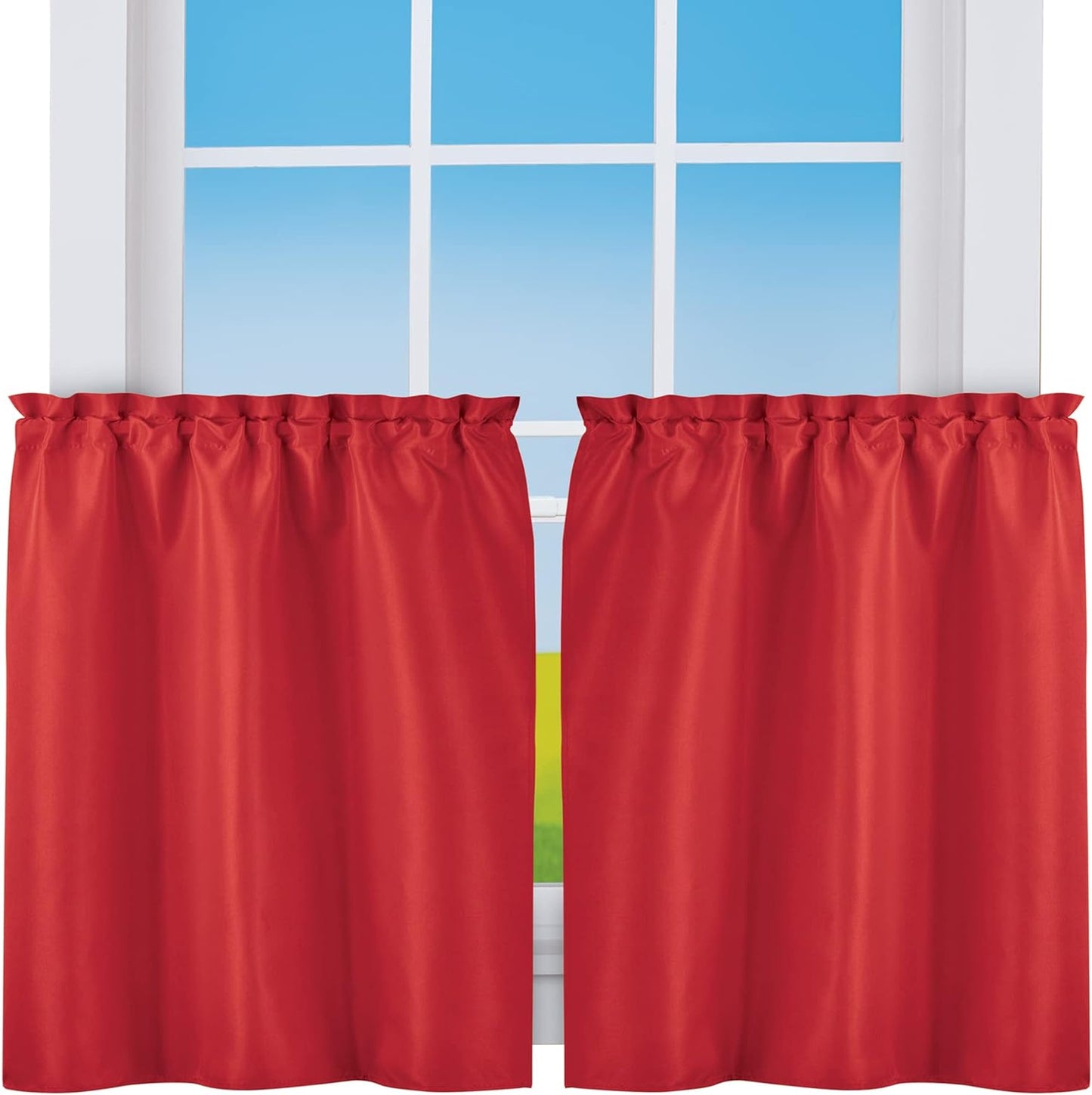 Collections Etc 5-Piece Ruffled Trim Tiers & Panels Window Curtain Set  Winston Brands Red 24"L Tiers 