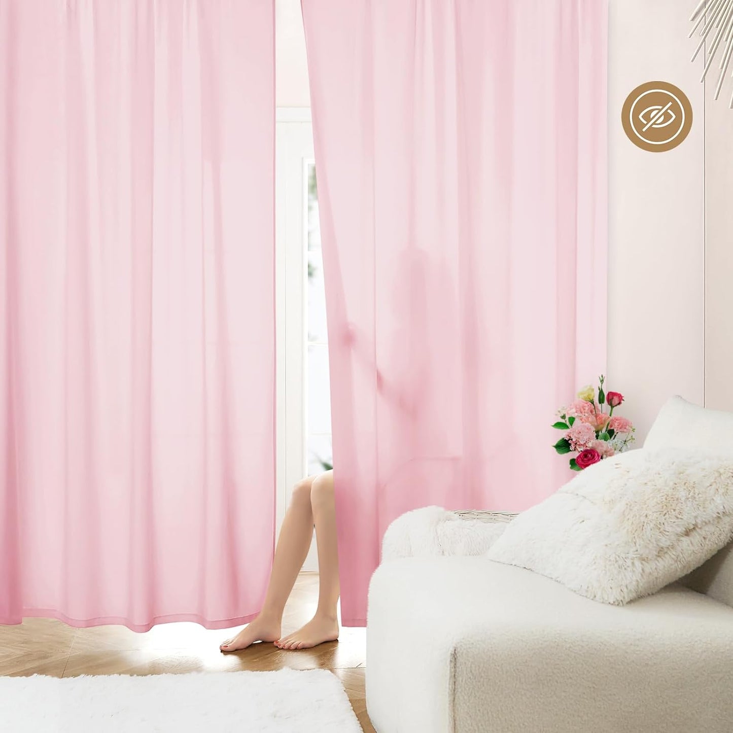 HOMEIDEAS Non-See-Through White Privacy Sheer Curtains 52 X 84 Inches Long 2 Panels Semi Sheer Curtains Light Filtering Window Curtains Drapes for Bedroom Living Room  HOMEIDEAS Light Pink W52" X L45" 