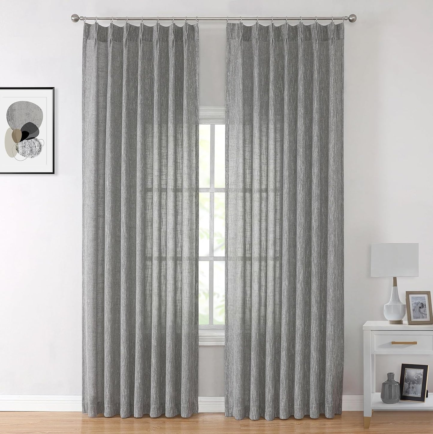 Vision Home Natural Pinch Pleated Semi Sheer Curtains Textured Linen Blended Light Filtering Window Curtains 84 Inch for Living Room Bedroom Pinch Pleat Drapes with Hooks 2 Panels 42" Wx84 L  Vision Home Charcoal Grey/Pinch 40"X84"X2 