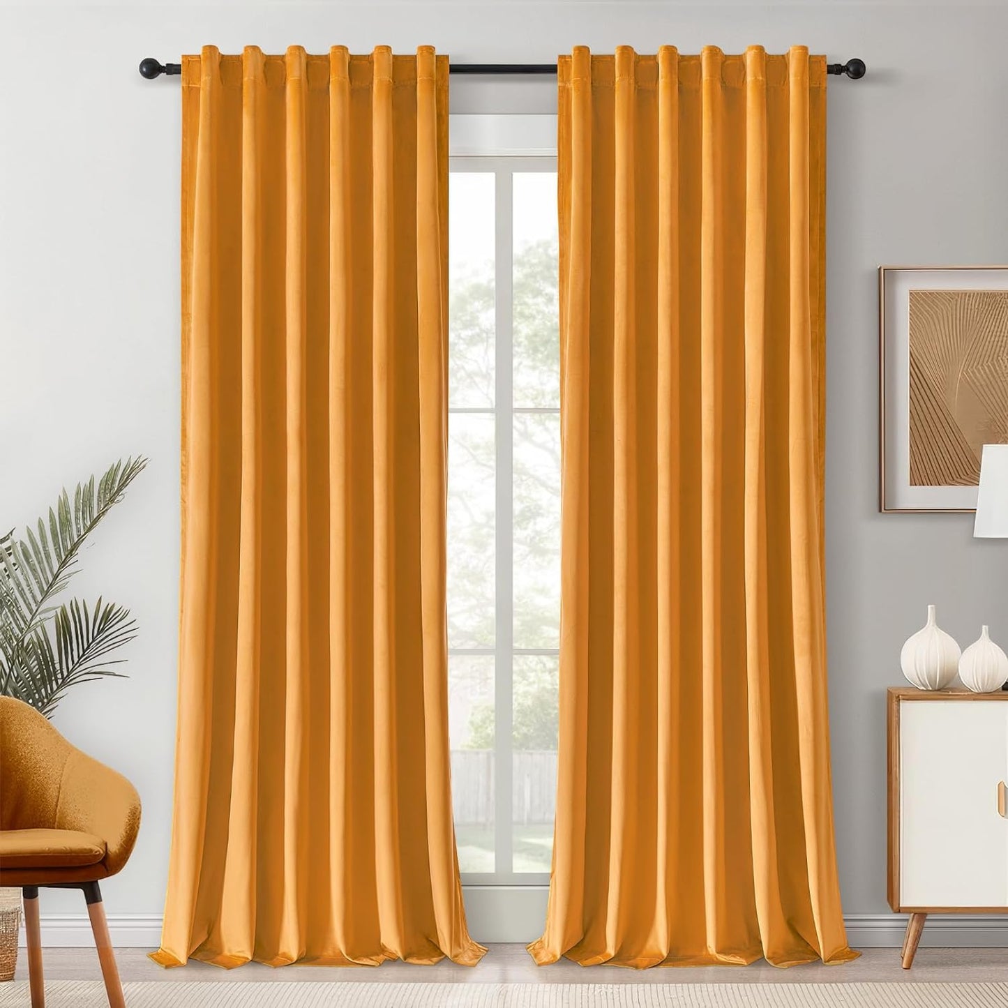 Topfinel Olive Green Velvet Curtains 84 Inches Long for Living Room,Blackout Thermal Insulated Curtains for Bedroom,Back Tab Modern Window Treatment for Living Room,52X84 Inch Length,Olive Green  Top Fine Mustard Yellow 52" X 80" 