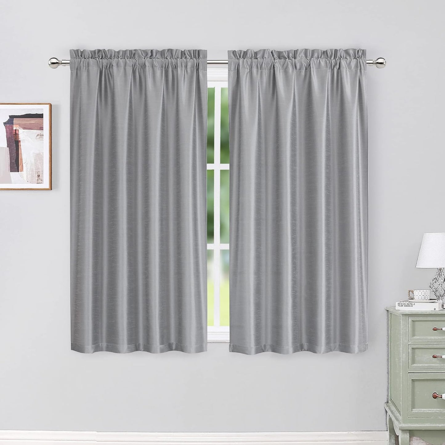 Chyhomenyc Uptown Sage Green Kitchen Curtains 45 Inch Length 2 Panels, Room Darkening Faux Silk Chic Fabric Short Window Curtains for Bedroom Living Room, Each 30Wx45L  Chyhomenyc Silver Gray 2X40"Wx63"L 